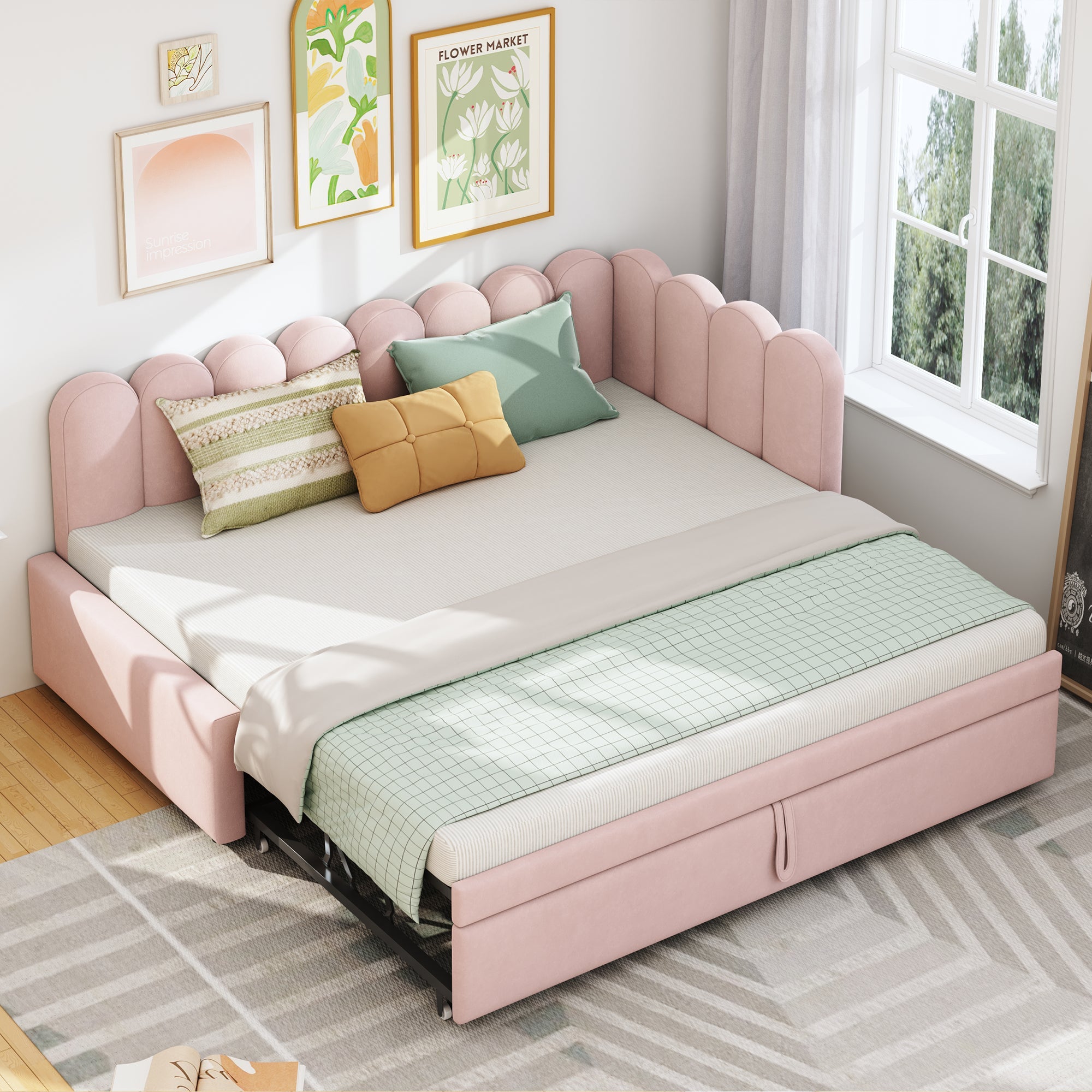 2-in-1 L-Shaped Sleeper Sofa 90/180 x 200 cm Space-Saving Upholstered Velvet Pink