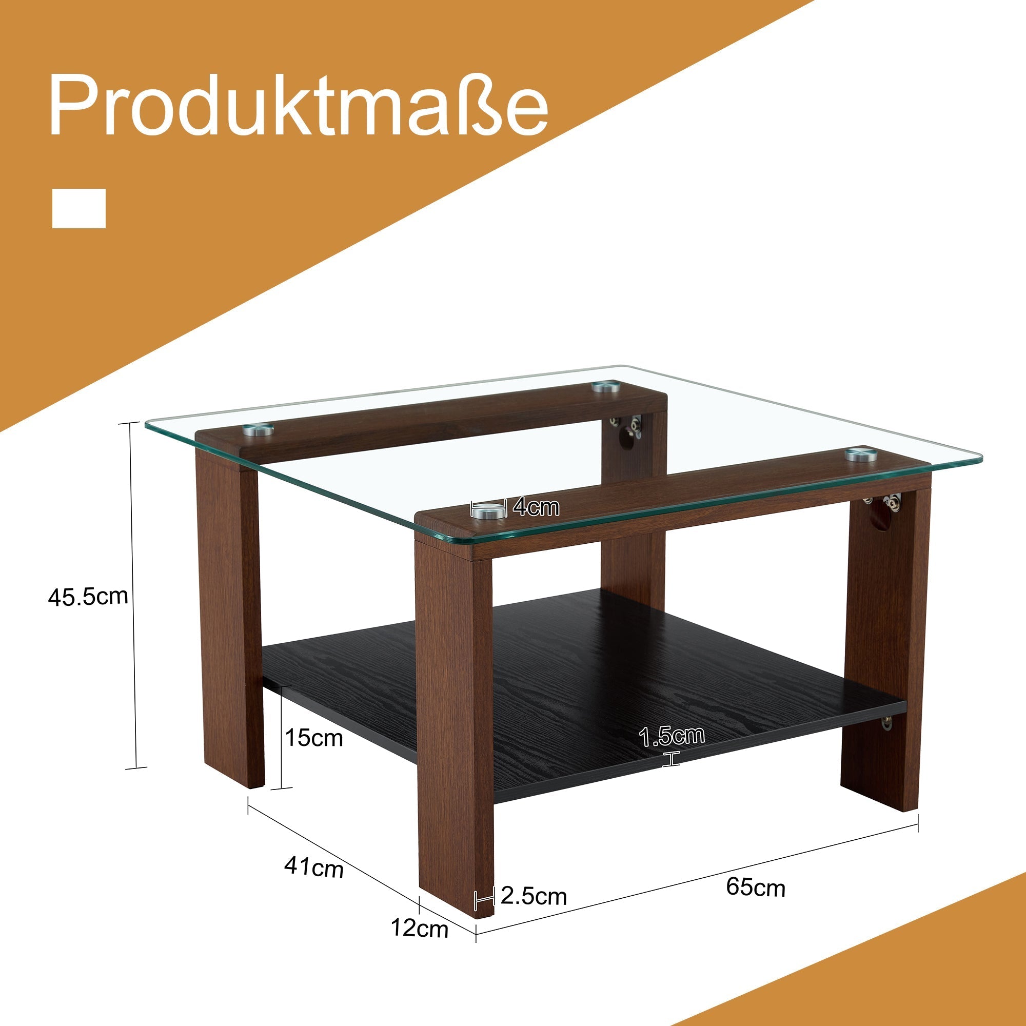Modern Coffee Table with Storage and Tempered Glass Top, 65x41x45.5cm, Walnut Wood