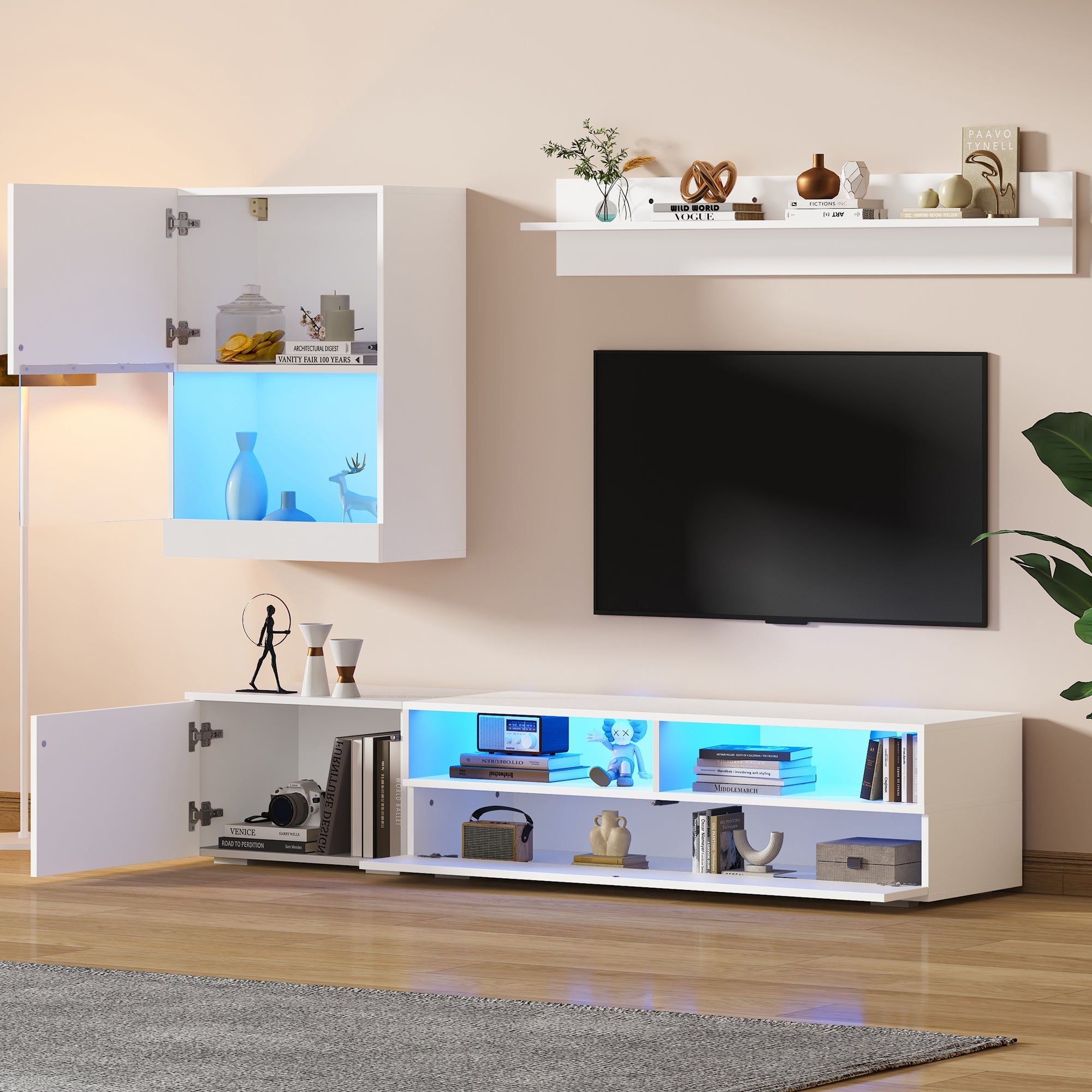TV Wall Unit Set with Display Cabinet, 3-Piece Media Unit, LED High Gloss, White