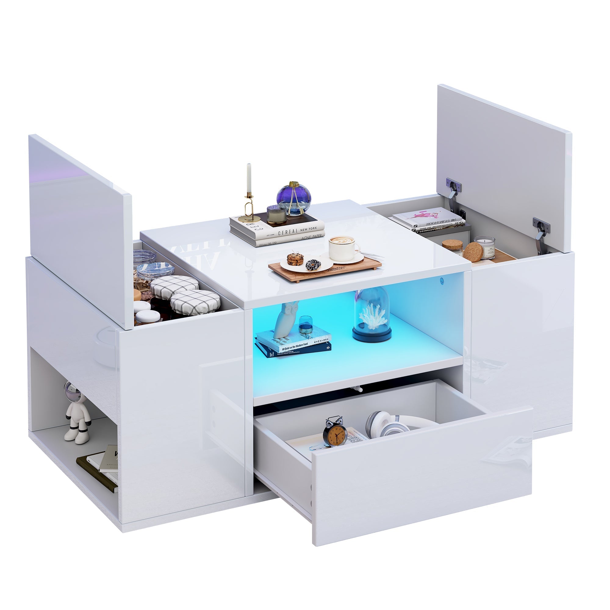Coffee Table 100x50x40cm High-Gloss LED Light 6 Storage Compartments - White