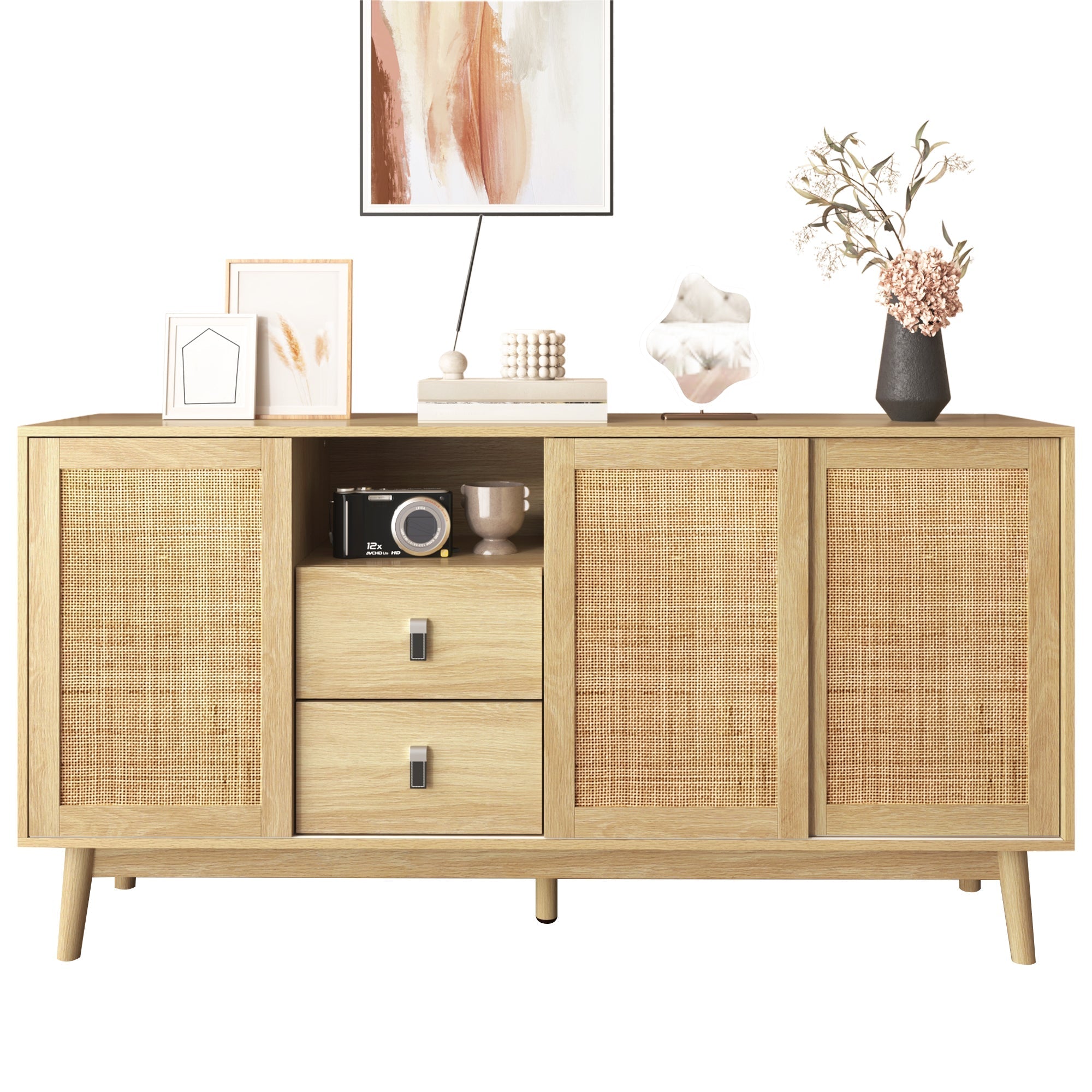 Sideboard, 3 Sliding Real Rattan Doors & 2 Drawers, Wood Color