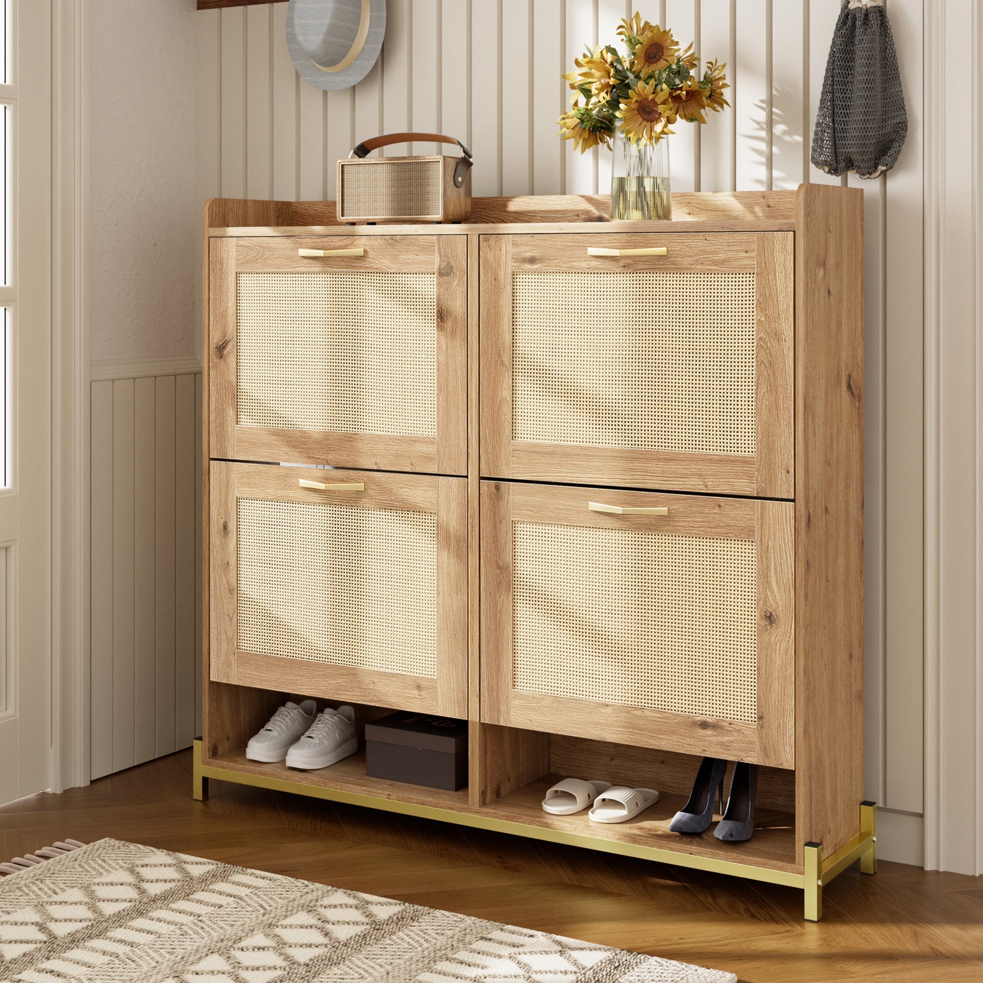 Elegant Shoe Cabinet 4 Doors Metal Frame Top Shelf Wooden Rattan
