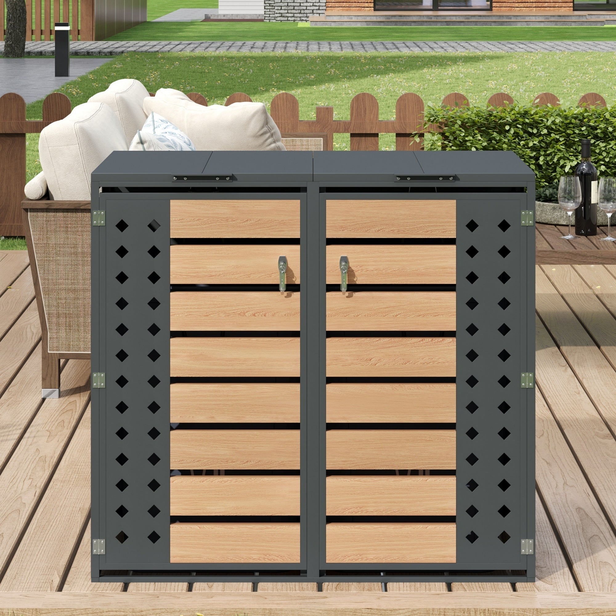 Bin Storage Box with Hinged Lid, Lockable Two Doors and Diamond-Hollow Door Panel