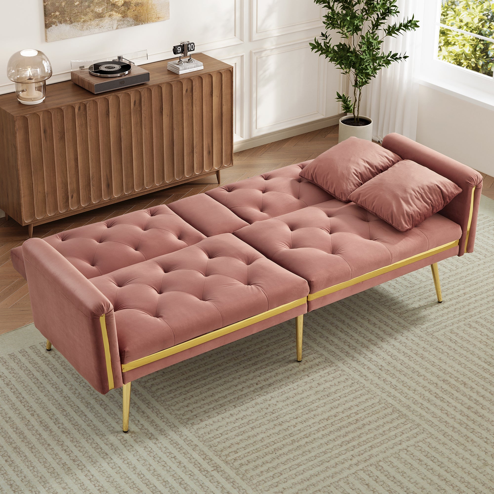 Two-seater Sofa Bed, Adjustable Backrest Gold Accents Built-in Cup Holders, Velvet