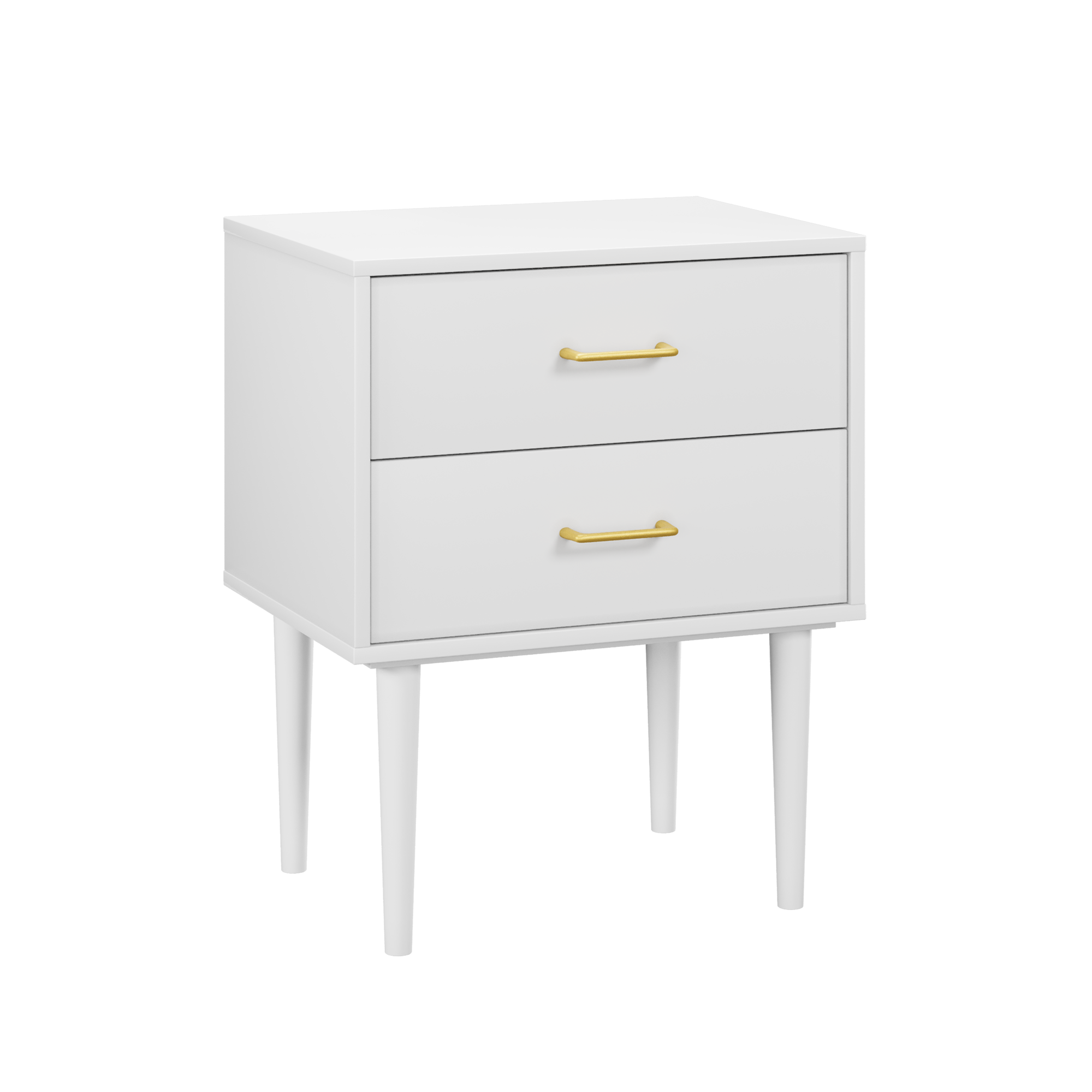 White bedside table with 2 drawers, bedroom nightstand, modern nightstand with wooden legs, 1 piece