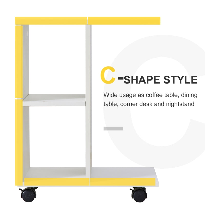 C-Shape End Table Freestanding Storage Unit with 2 Shelves and 4 Wheels, White