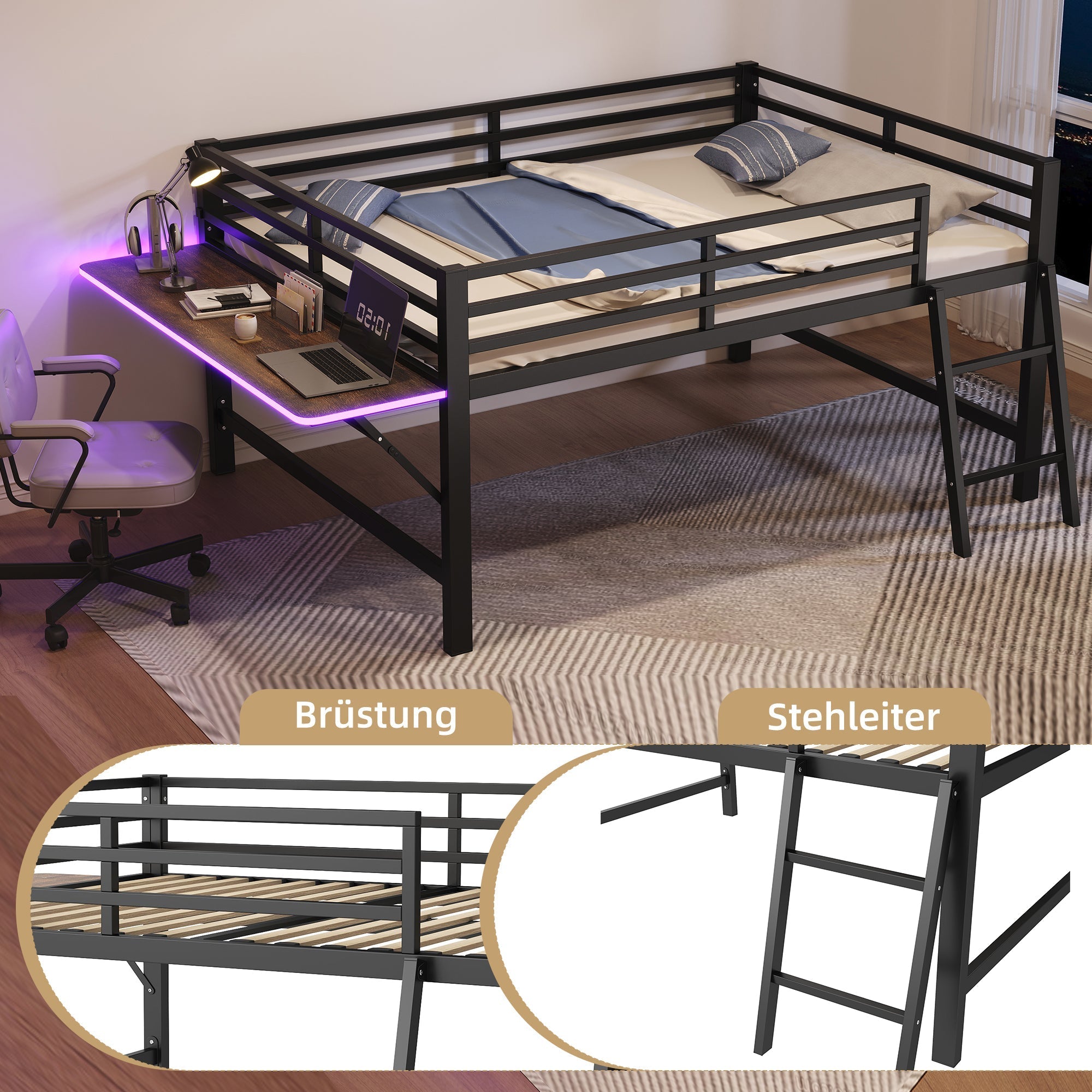 Flatbed Metal Bed 140x200cm Desk Ladder LED Light - Black