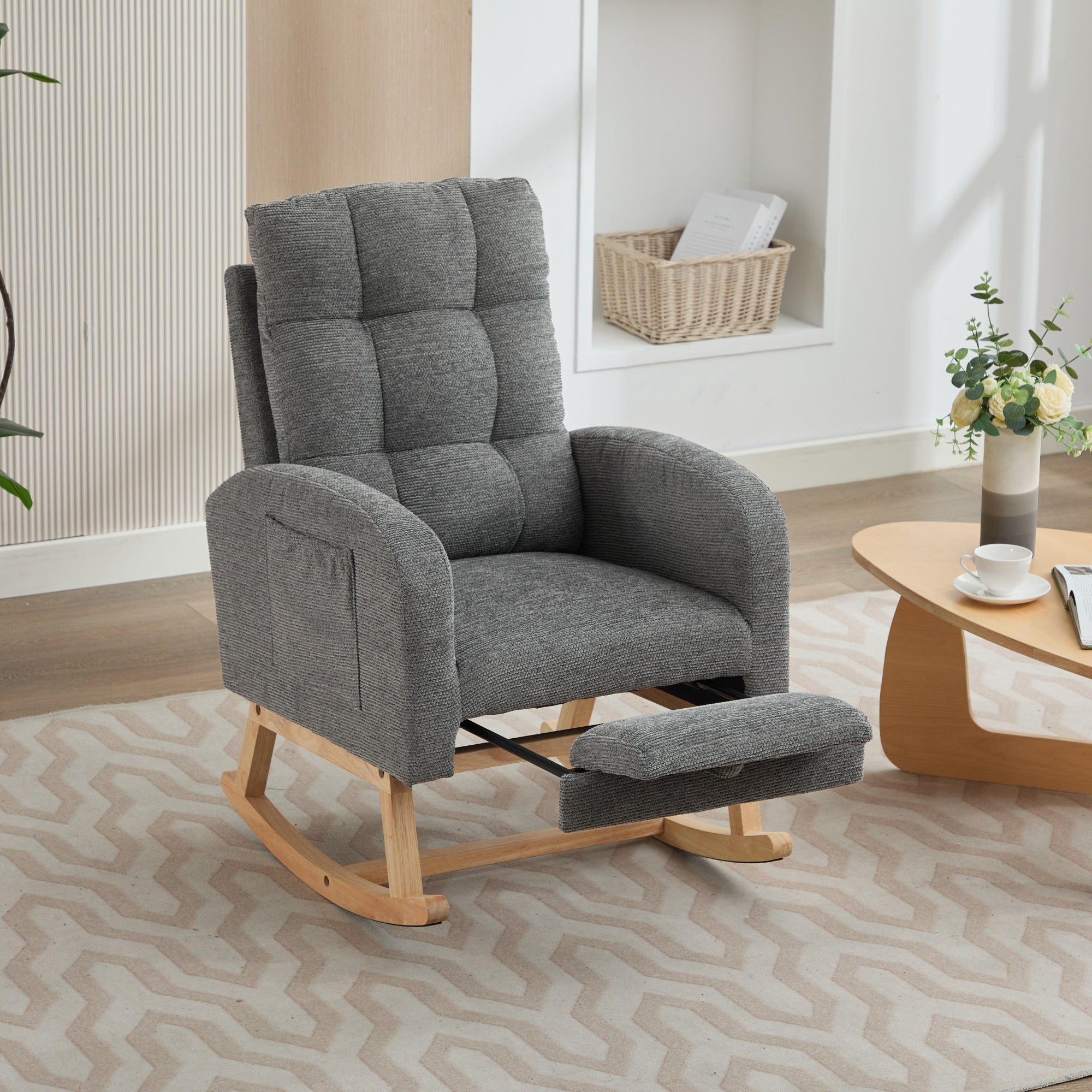 Rocking Chair with Adjustable Footrest, Solid Wooden Legs, Lounge Armchair, Grey Waffle Fabric