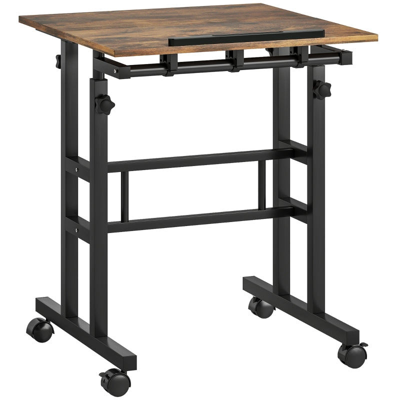 Height-Adjustable Desk 60x60cm Shelf Casters - Rustic Brown