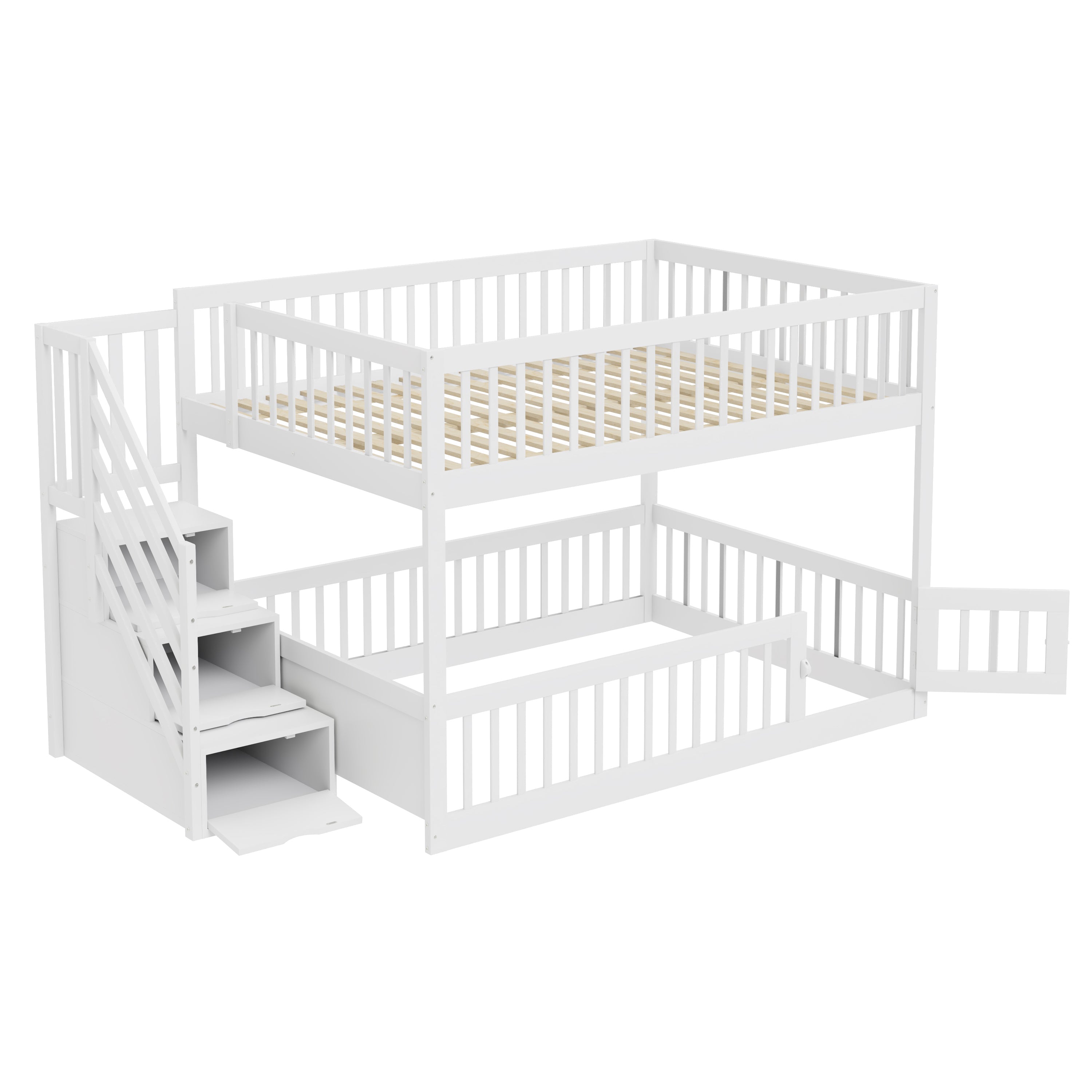 Bunk Bed 140x200, with Safety Stairs and Storage Drawers, White Wood