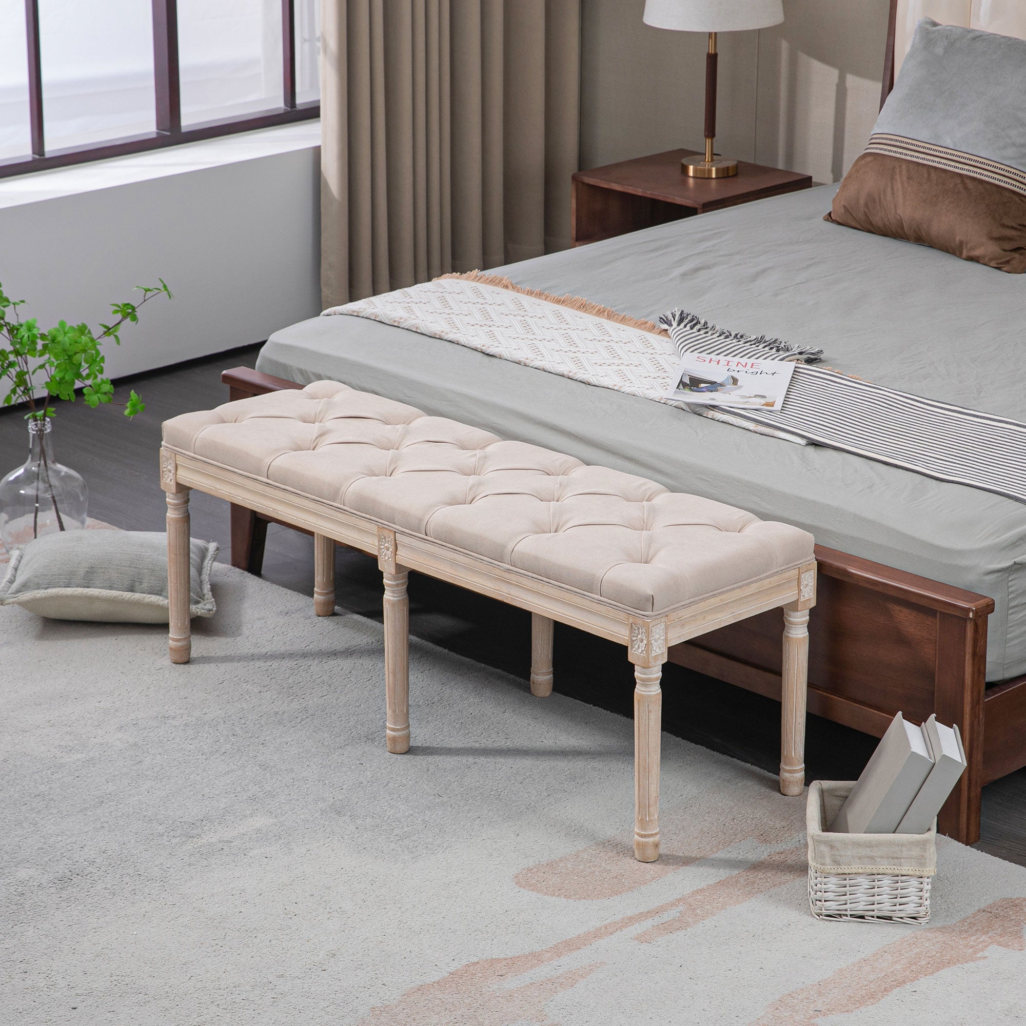 Vintage Upholstered Bench 117x40x48cm with Buttons Linen Look Beige