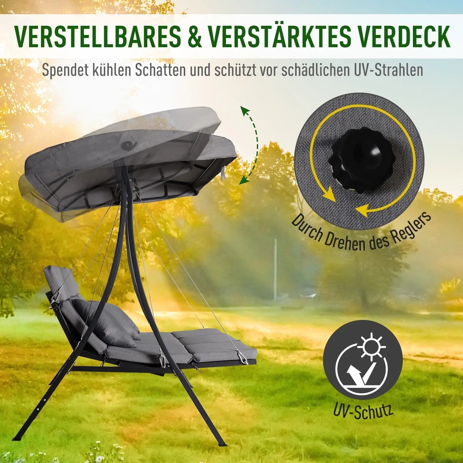 Hollywood Swing 3-Seater, Adjustable Sunshade Cushions, 270 kg Load Capacity