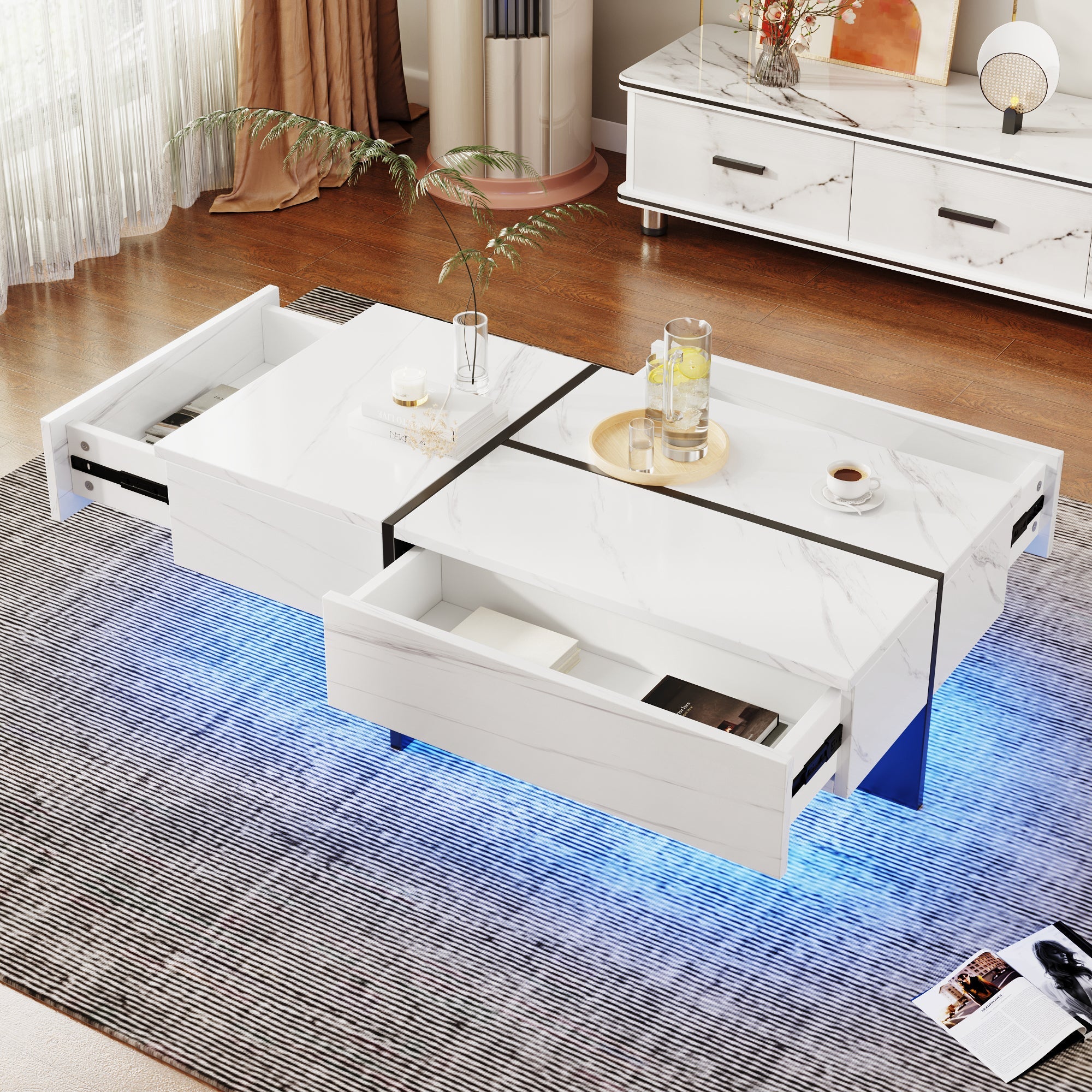 High-Gloss Coffee Table, LED Lighting and Drawers, White Marble-Effect