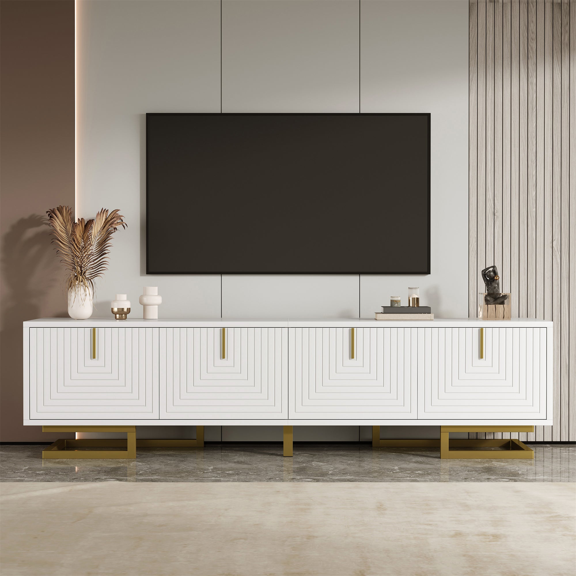 TV Cabinet Lowboard Textured Doors Gold Handles and Legs