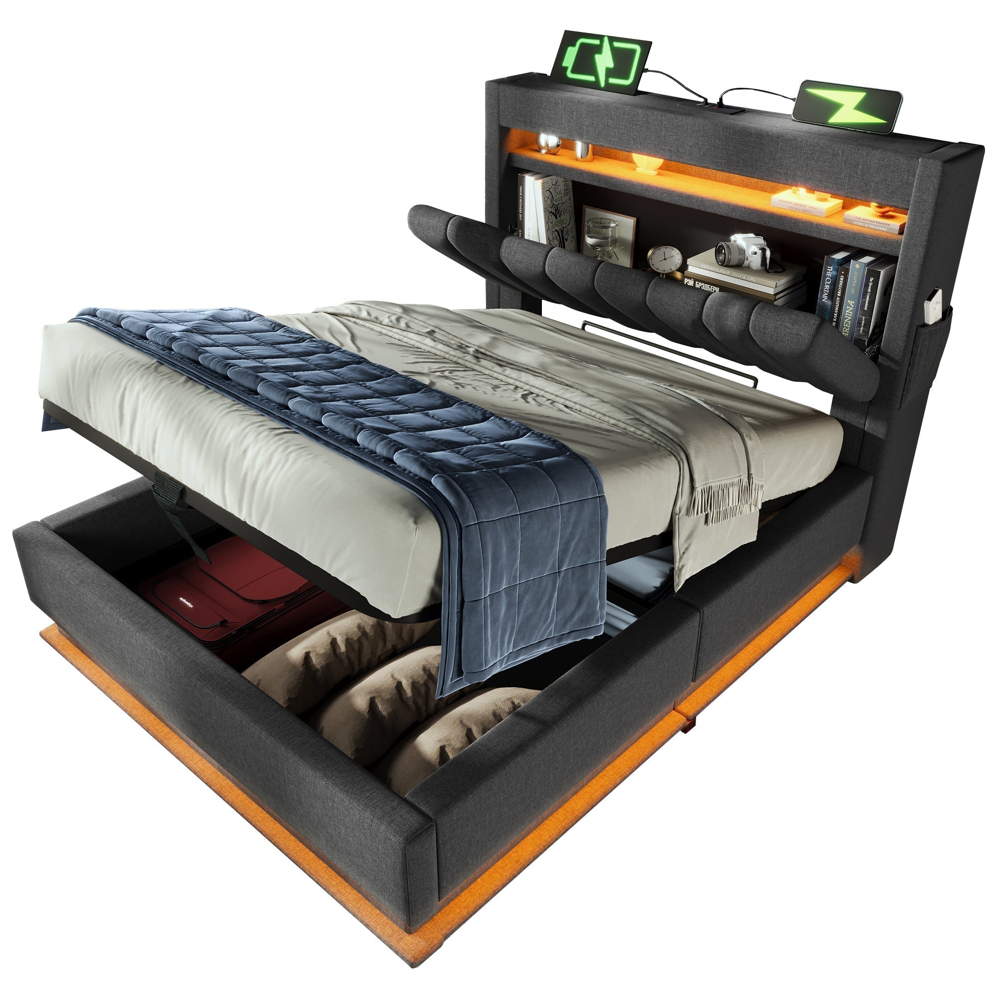 Upholstered Single Bed 90x200cm, Hydraulic Storage Headboard with USB/Type-C, LED Lights, Grey Linen