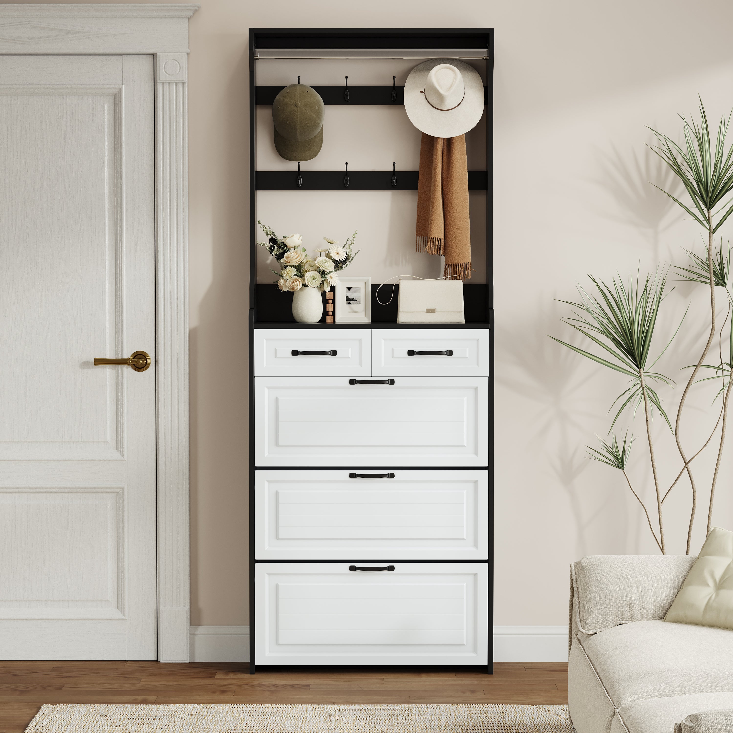 Shoe Cabinet with Hanger, 3 Doors and 2 Drawers, Black