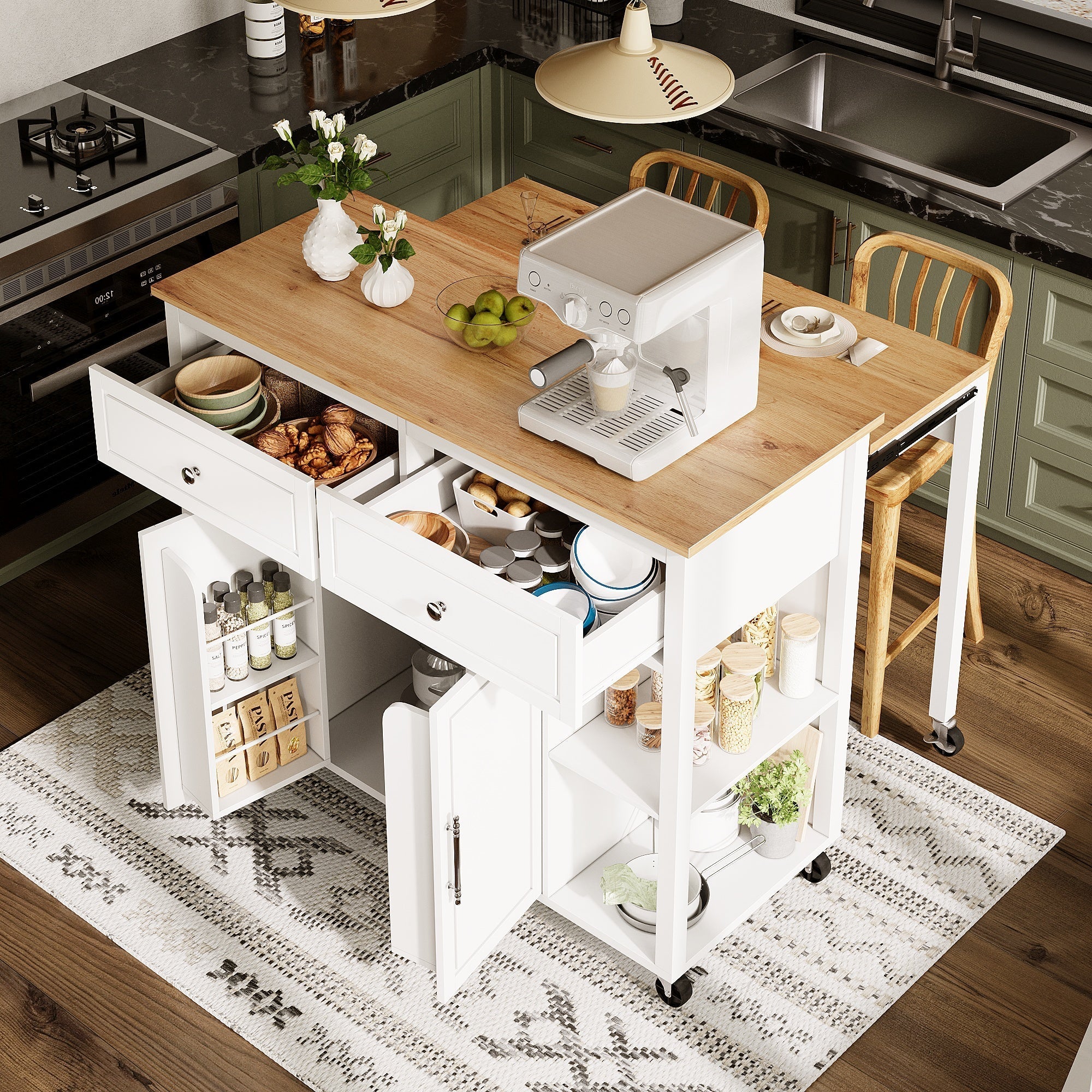 Kitchen Island Mobile Serving Trolley Storage 2 Drawers - Wood Grain