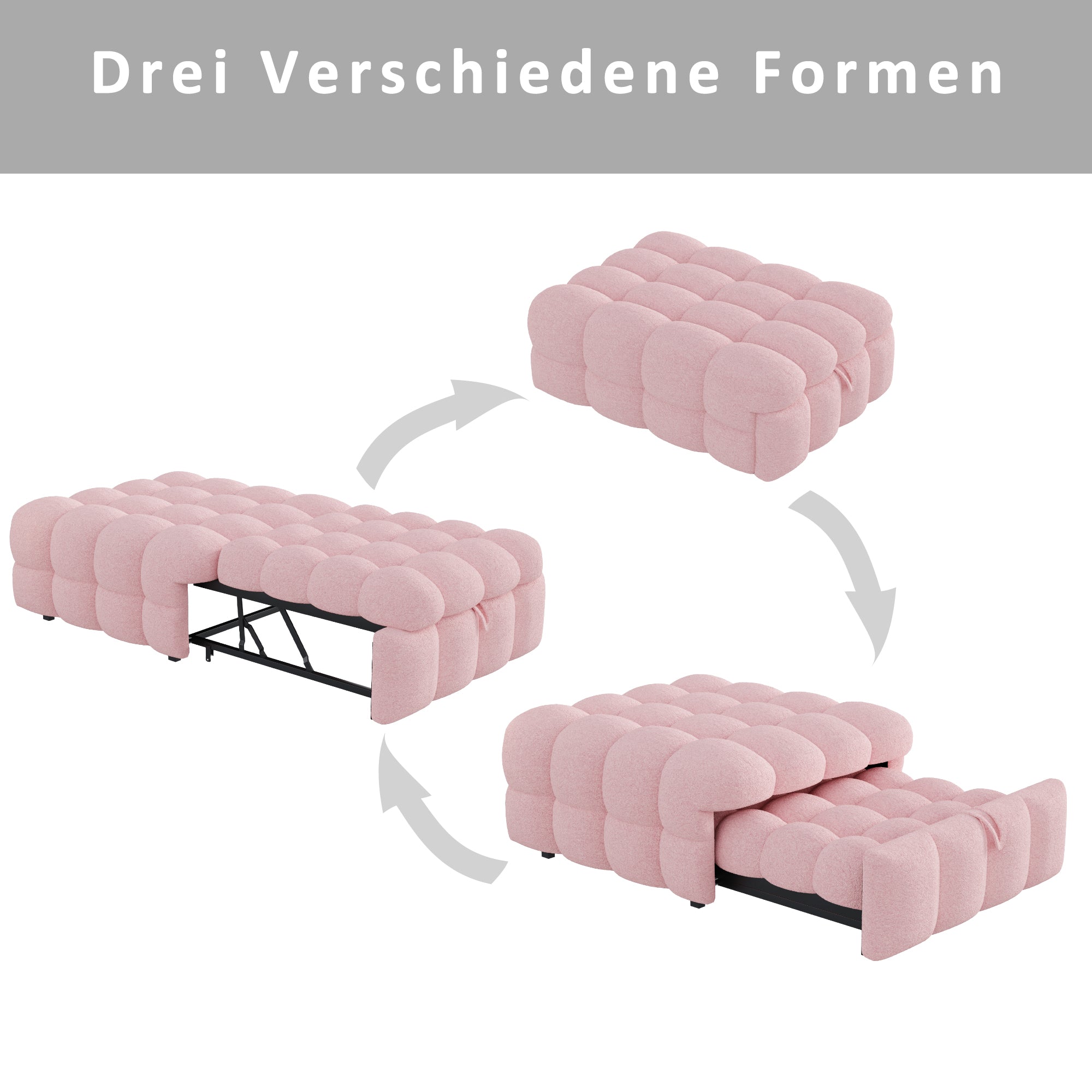 Upholstered Bed, 2-in-1 Footstool Pull-Out Sofa Single Puffy, Teddy Fabric Pink