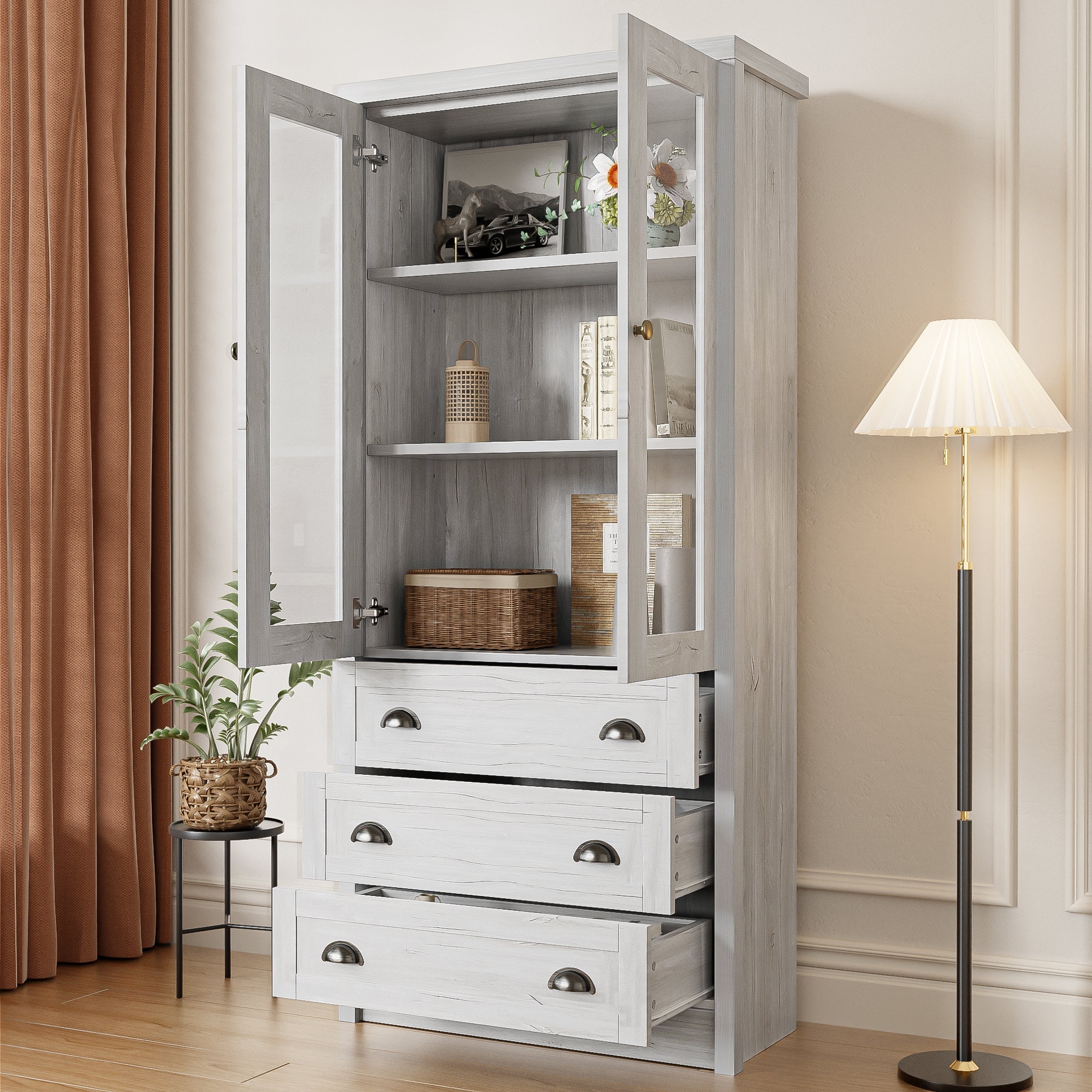 Modern Highboard Cabinet, 80x34x171 cm, Glass Doors, 3 Drawers, Wood Look with Copper Handles