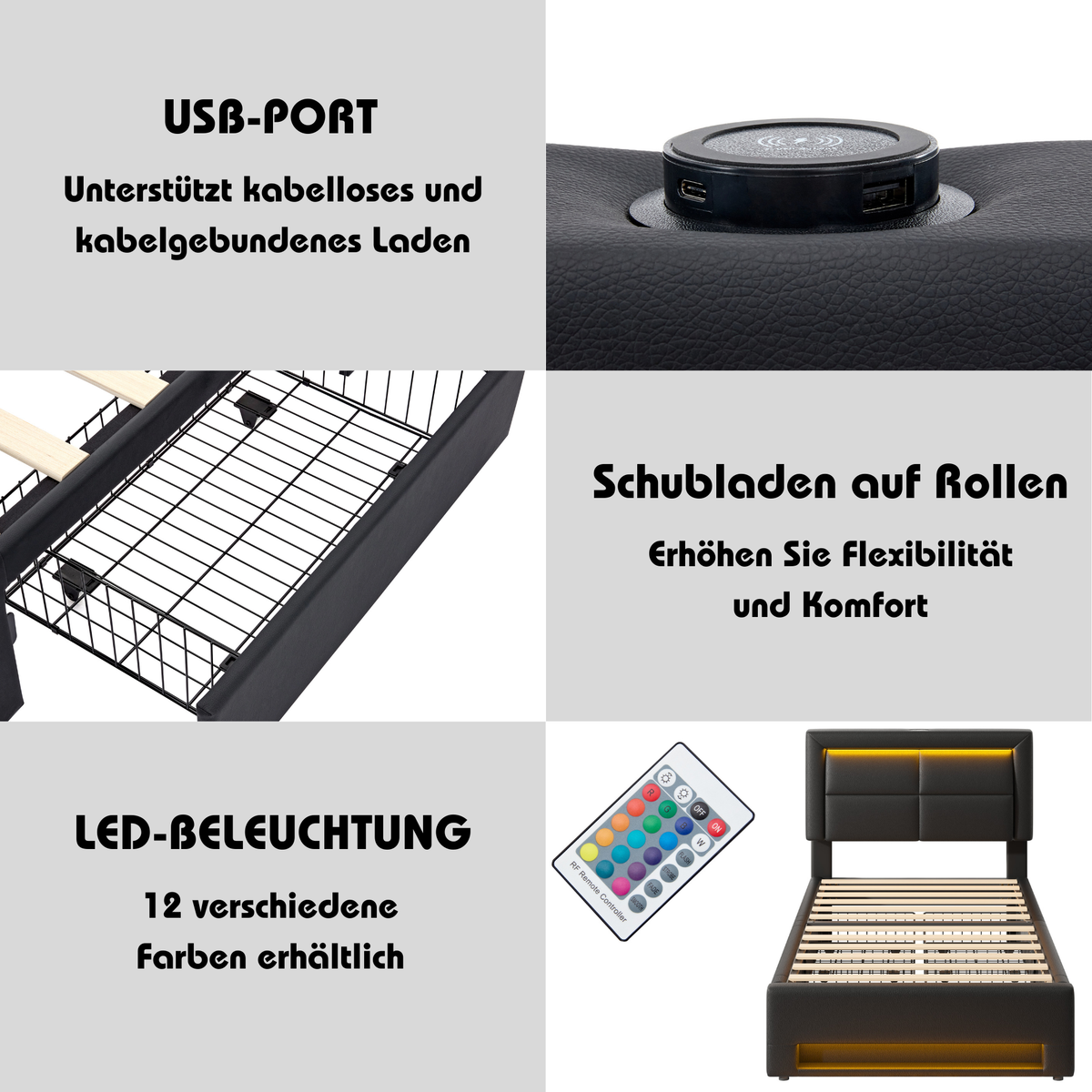 Upholstered Bed 90x200cm LED USB Charging 4 Drawers - Black PU Lychee