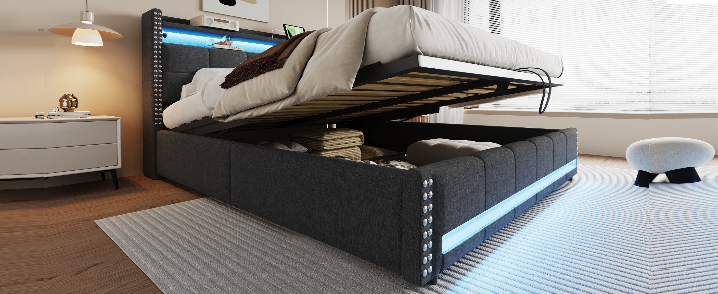 N623P306950E Upholstered Bed, Storage Headboard & USB Port, Gray Linen
