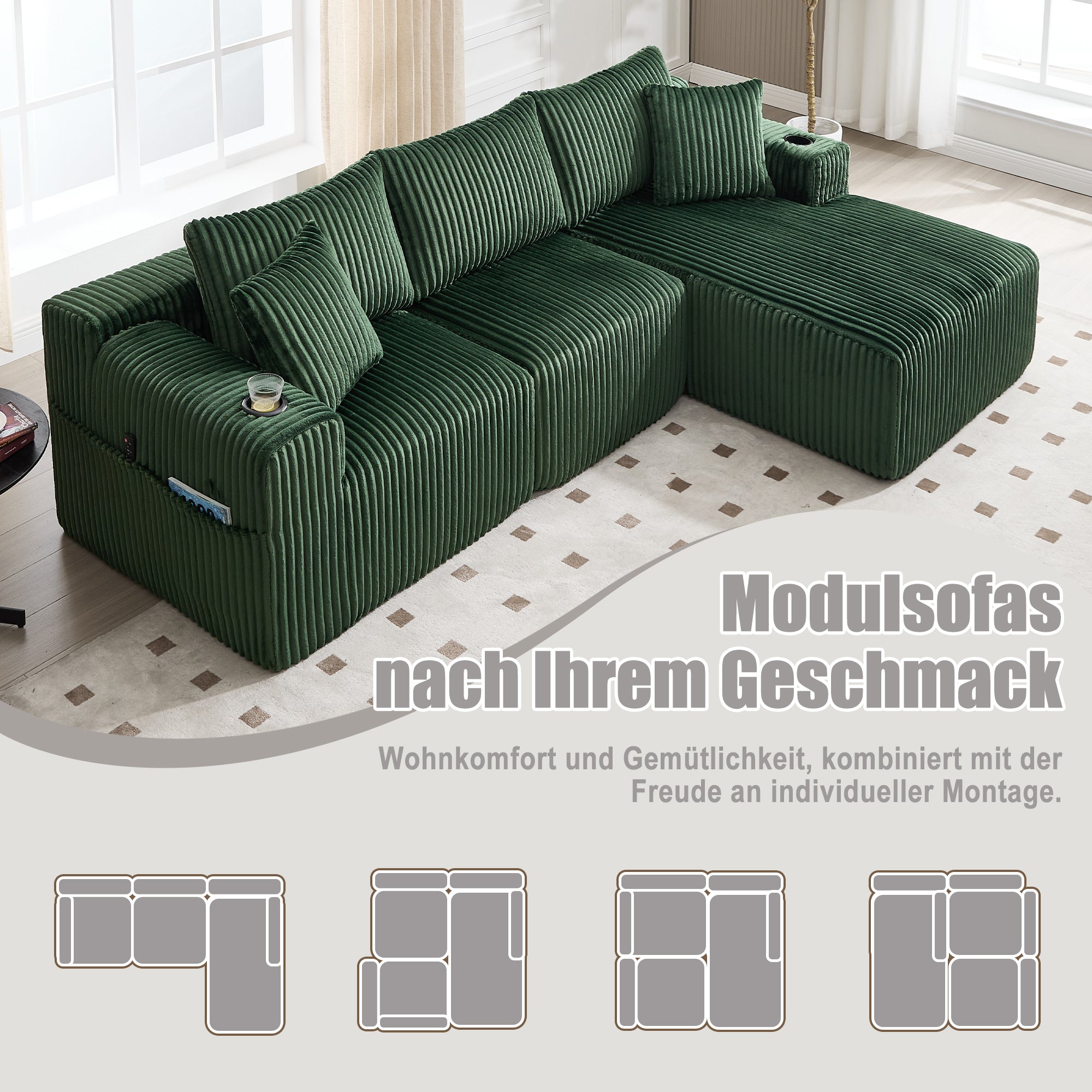 Modular Sofa Set Chaise Longue 2-Seater Side Pockets Drink Holders DIY - Corduroy