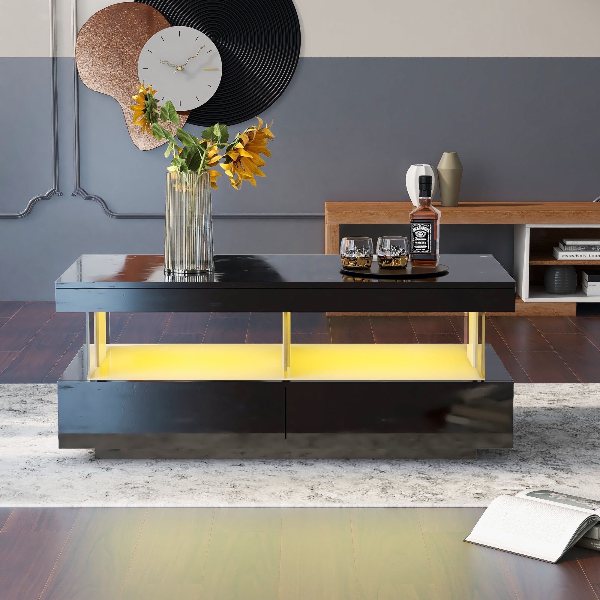 Coffee Table High Gloss with 16-Color LED Lights, 2 Drawers, Open Storage, Black