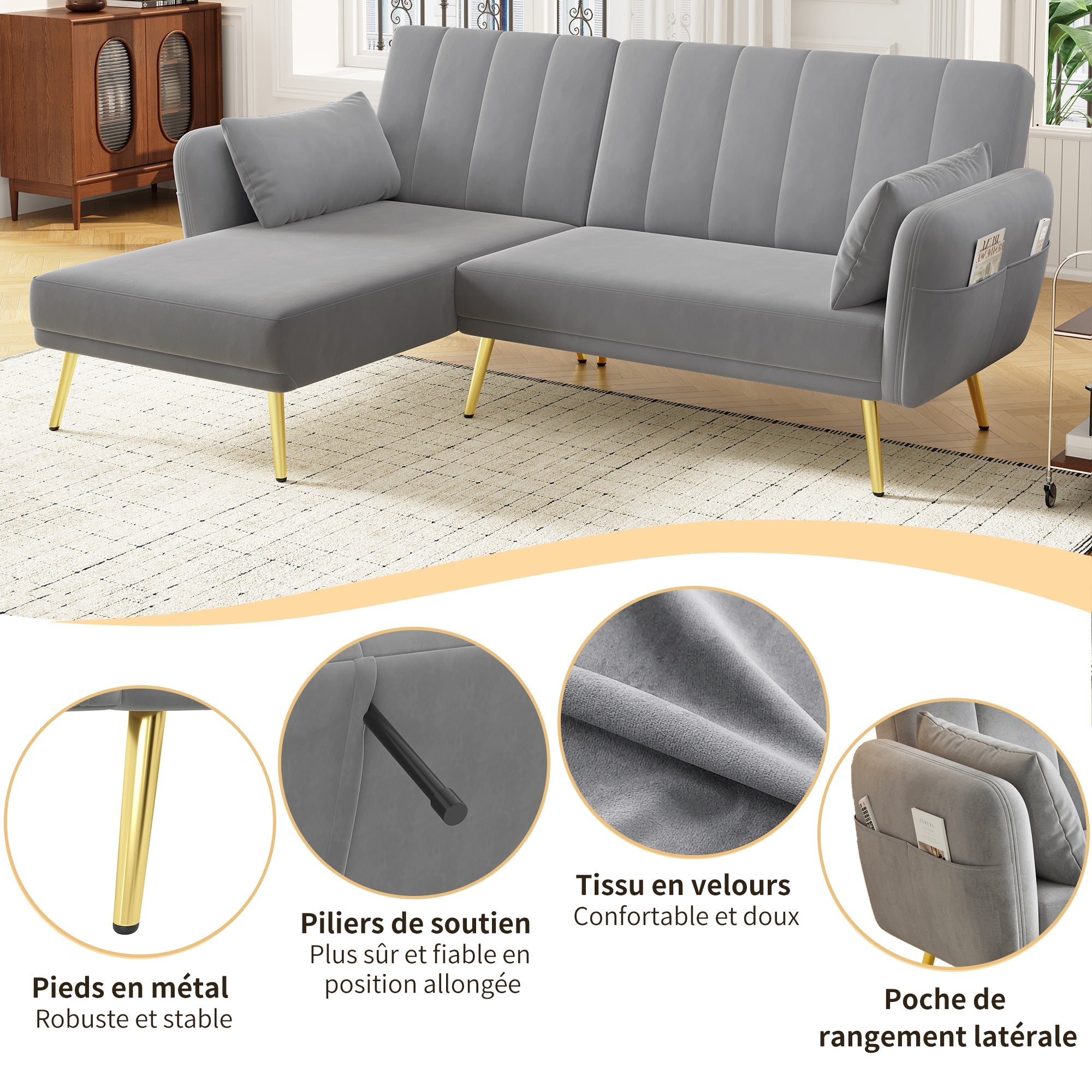 Modern L-Shaped Fold-Out Sleeper Sofa with 3-Position Adjustable Backrest, Velvet