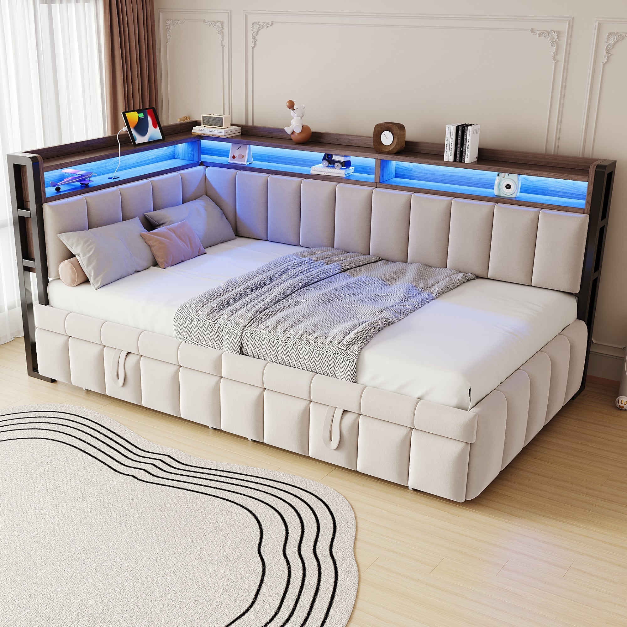Upholstered Sofa Bed with Pull-out Bed, LED Lighting, Storage and USB Ports, 90x200cm, Beige Velvet