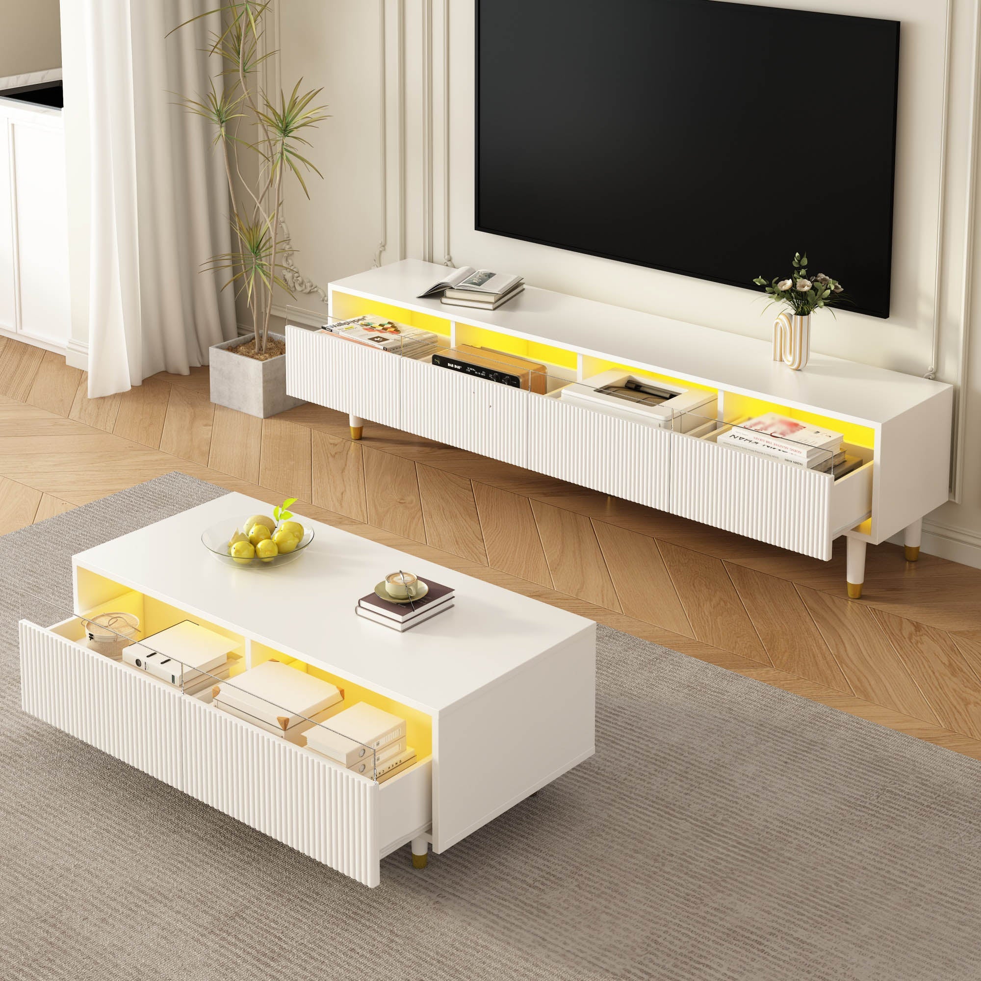 LED Furniture Set, 4-Door TV Stand & Coffee Table with 2 Drawers, White Gold Design
