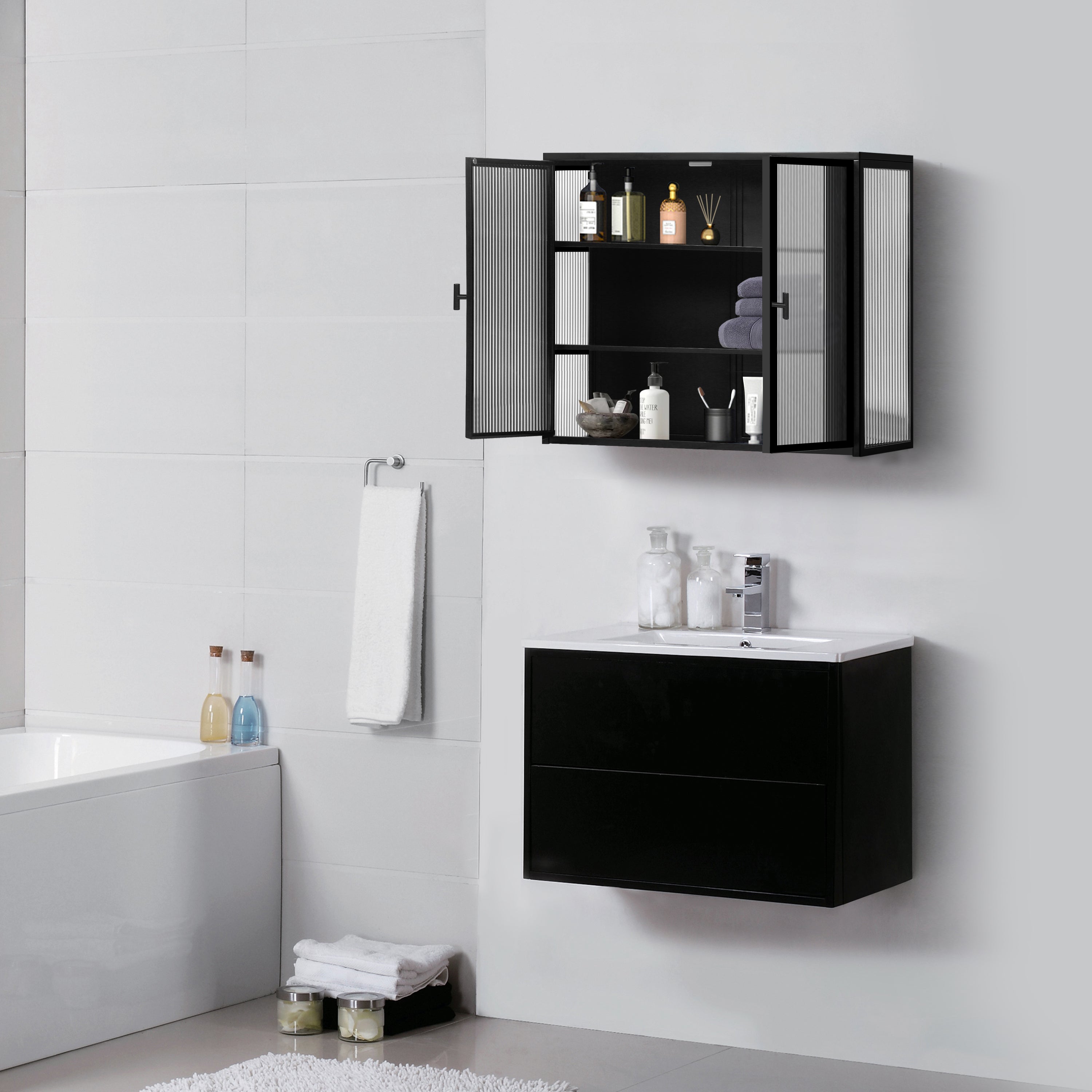 Wall Cabinet 70cm Glass Door Two-Door Three-Tier Storage, Black