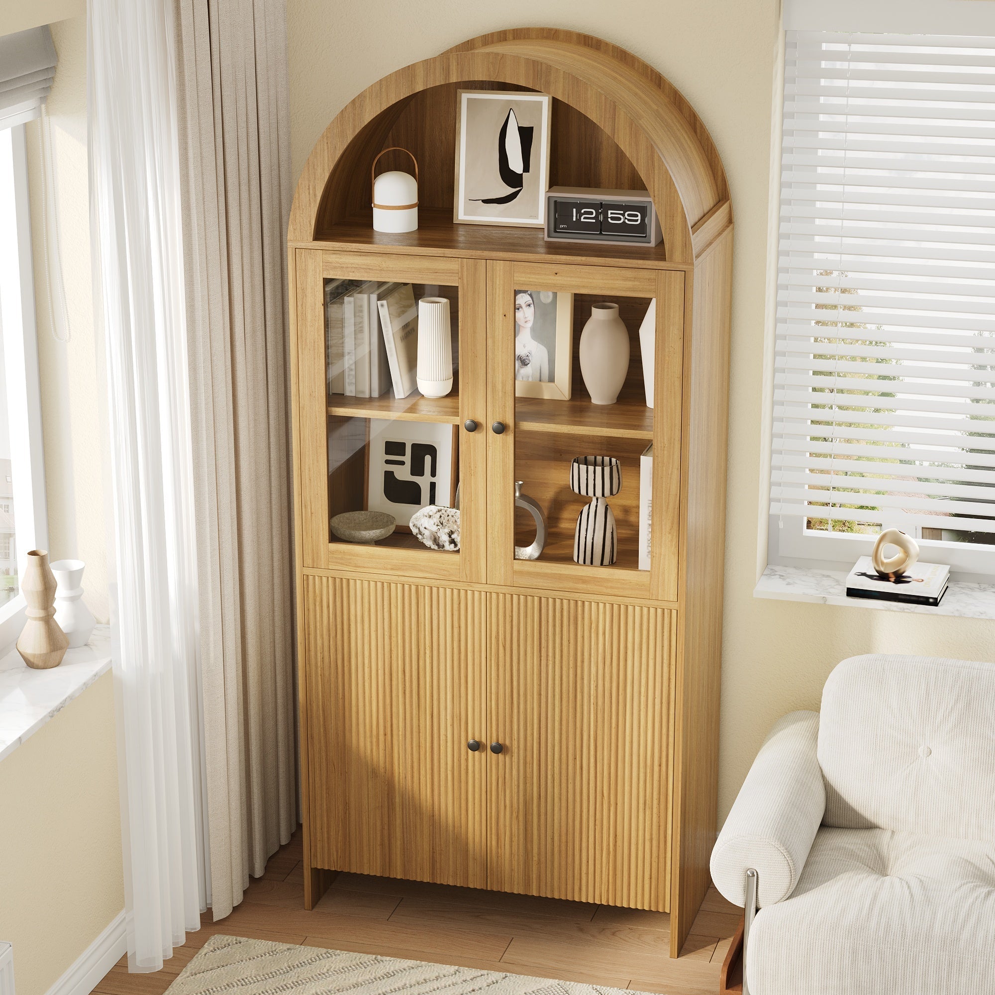Sideboard with Arched Top, Glass Doors and Wave Pattern Storage Cabinet, Wood