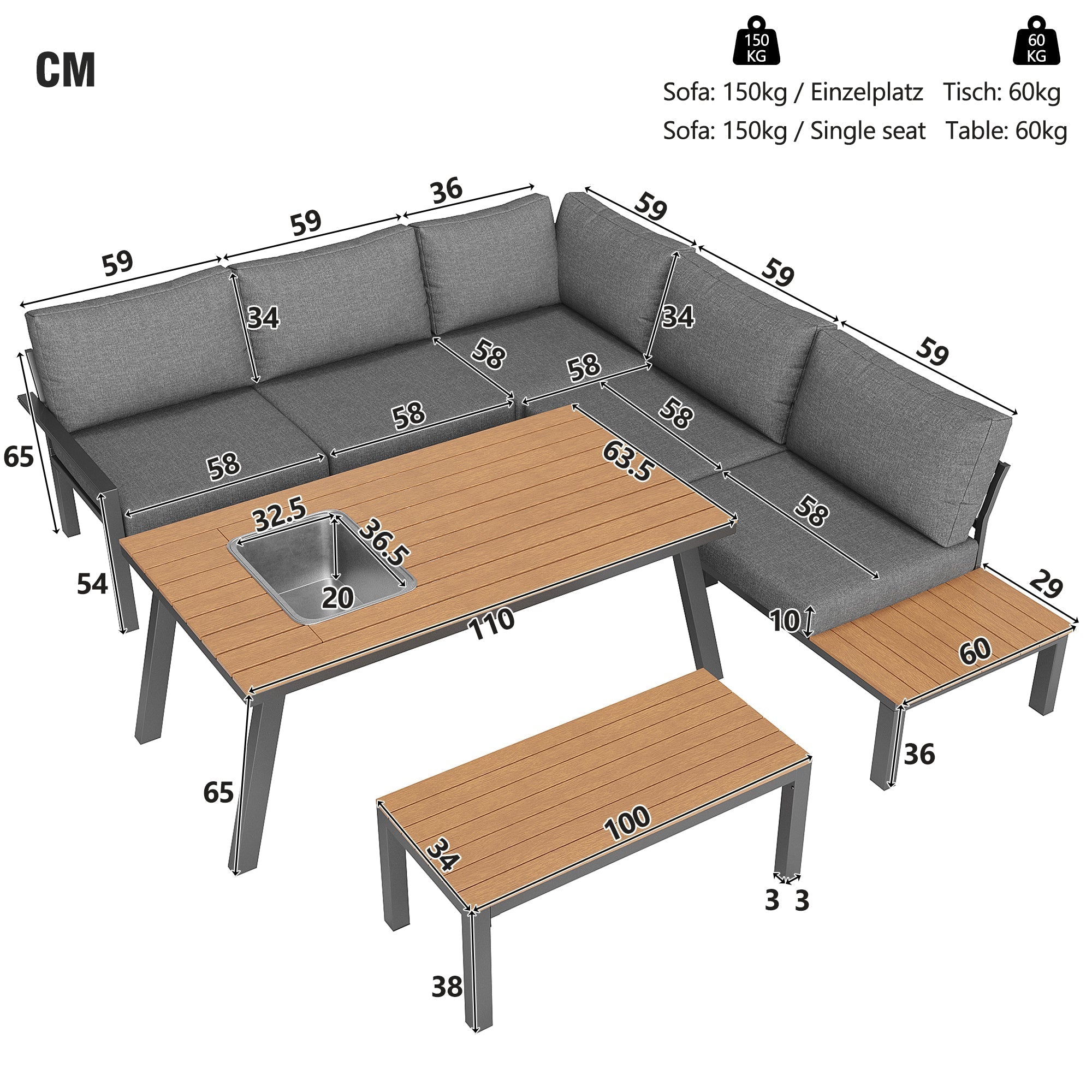 Outdoor Garden Lounge Furniture Set for 6-7 People, Galvanised Iron Frame, Grey
