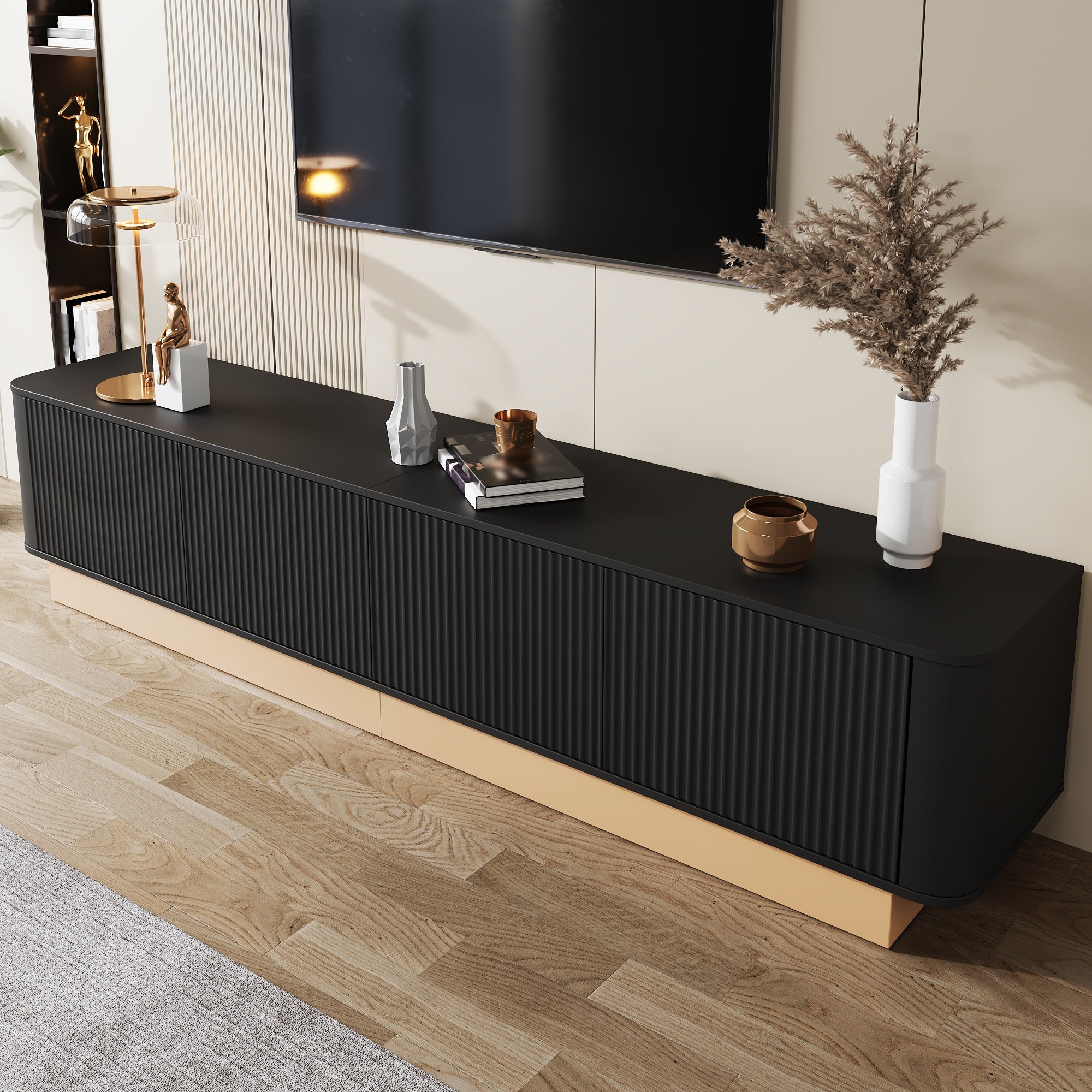 200cm TV Lowboard with 4 Doors and Adjustable Shelves, Modern Minimalist Style, MDF Material