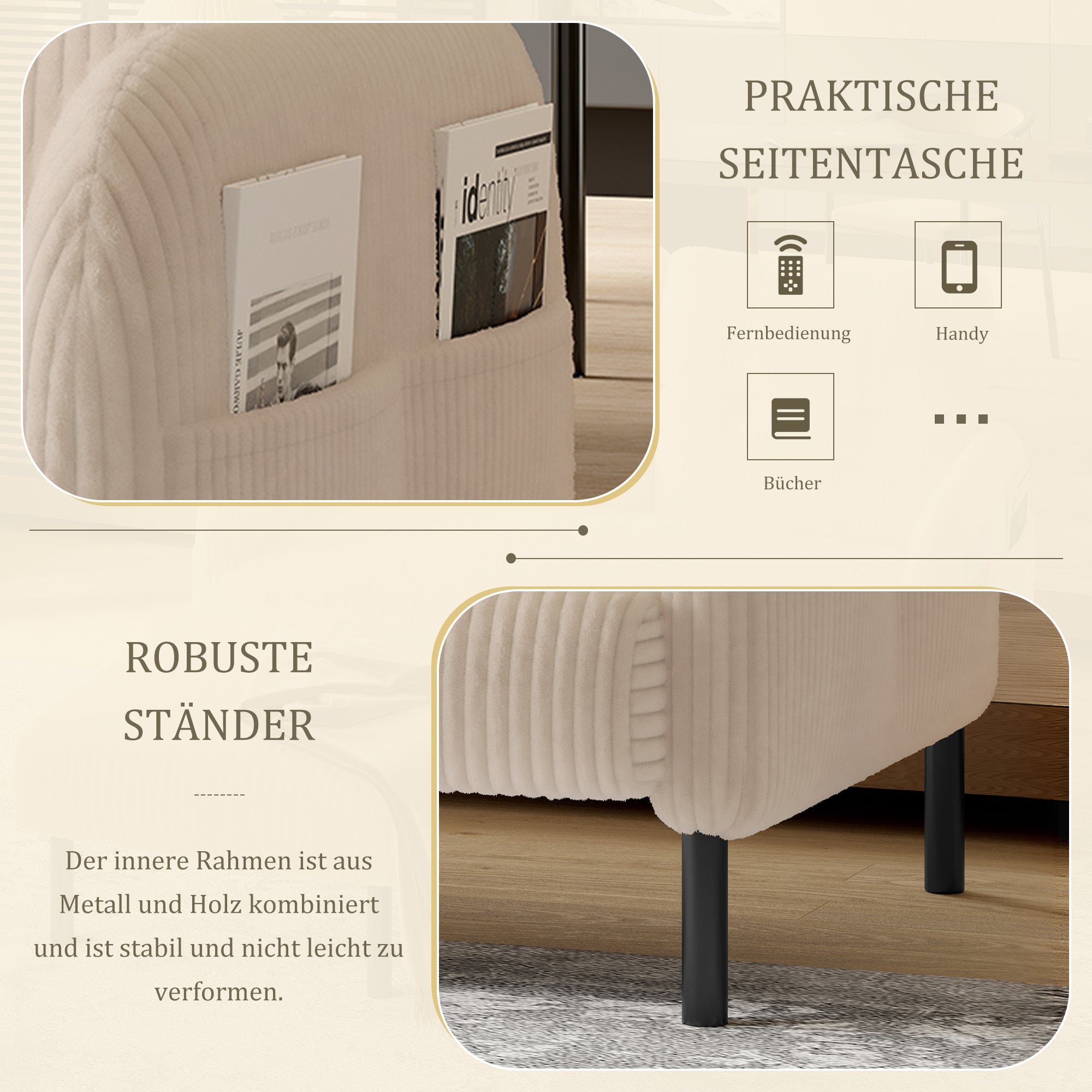 Corduroy Two-Seater Sofa, Comfort Padding High Back Side Pockets, Metal Feet