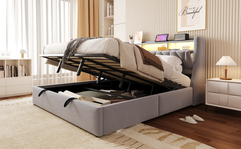 Upholstered Bed 180x200cm Hydraulic Storage Headboard with Power Outlet LED Light Grey Velvet
