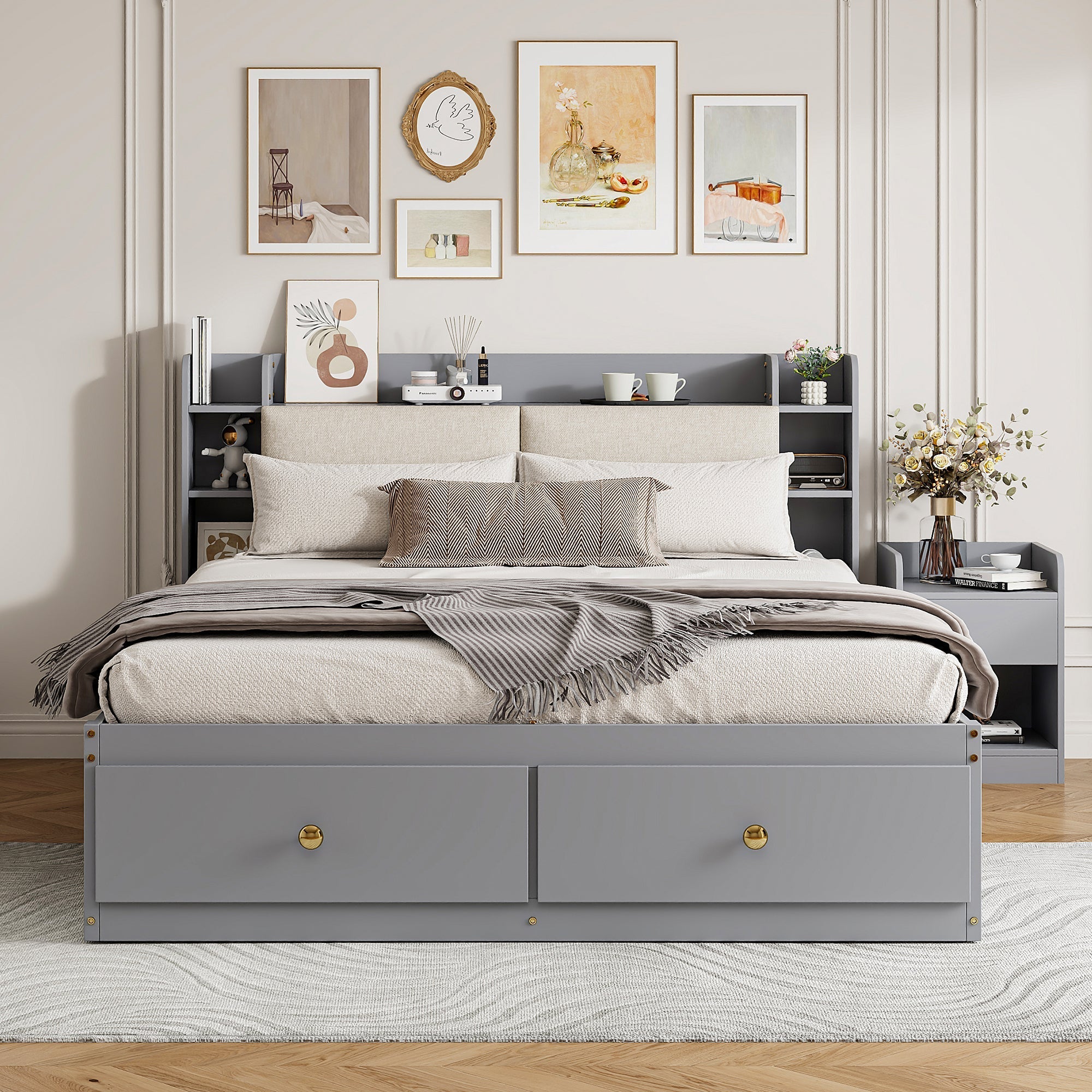 Solid Wood Combo Bed, 140x200cm with Storage & Sofa Bench, Gray