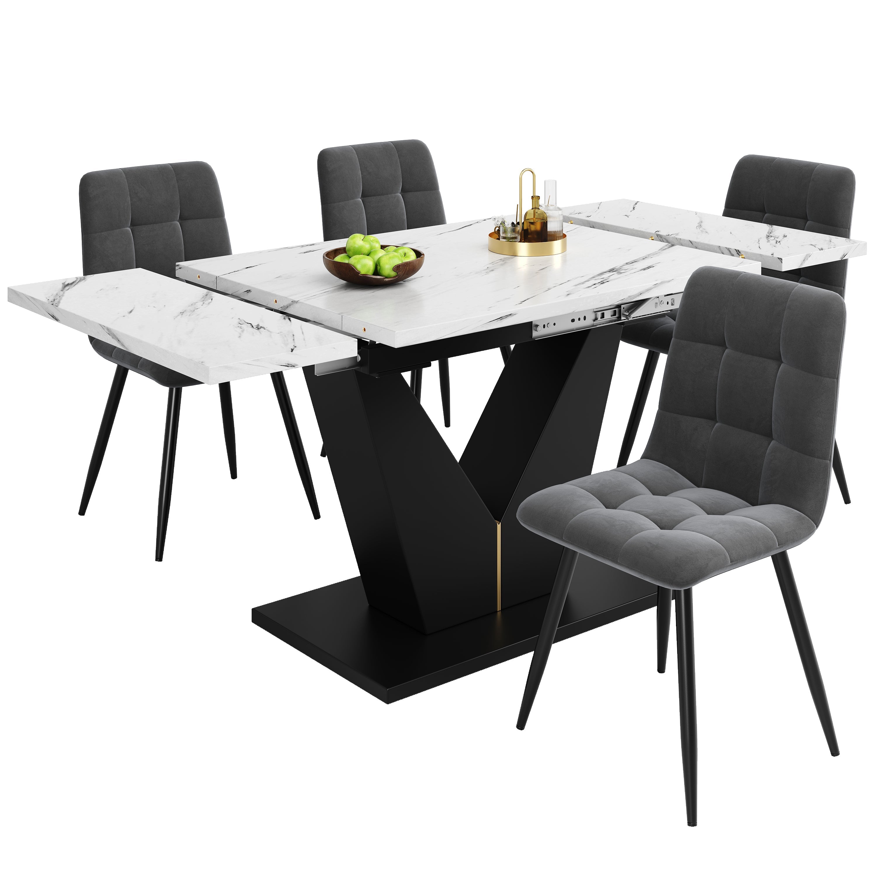 Dining Table Set 5-Piece Modern U-Shaped White Marble Grey Velvet