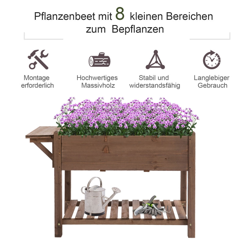 Raised Bed Planter, 8 Grids & Foldable Shelf, Solid Wood, Brown