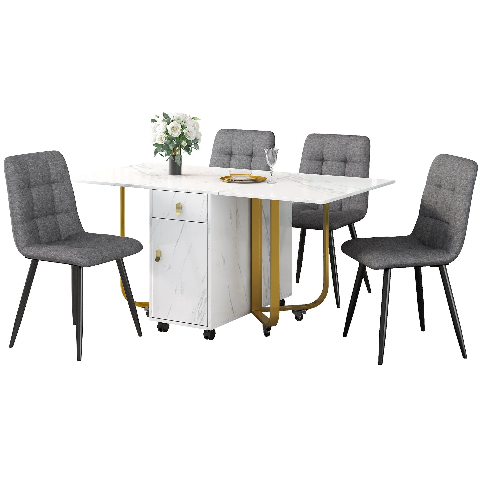 Dining Set, Folding Kitchen Table with 4 Linen Chairs, White MDF & Black Legs