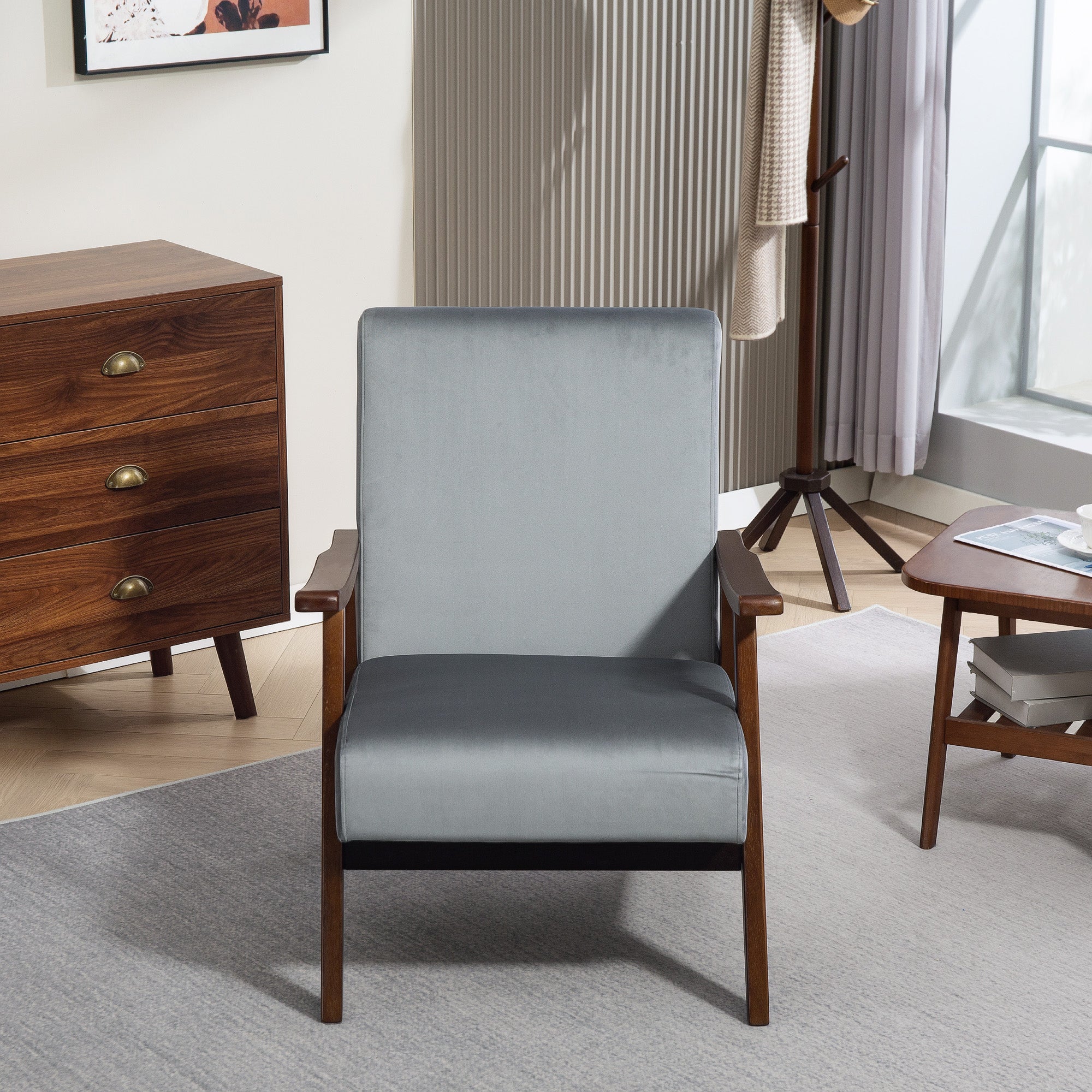 Nordic Accent Chair, Upholstered Armchair with Solid Wood Frame, Velvet Grey