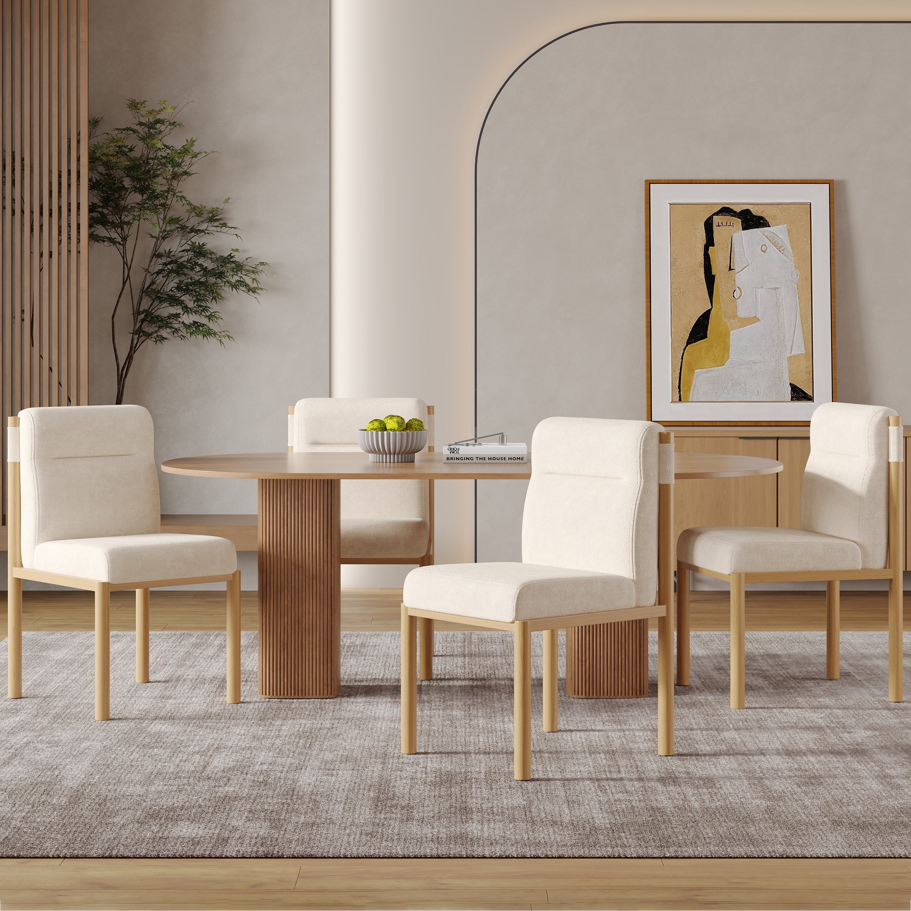 Dining Chairs Set of 6 Modern Oak-Effect Frame Padded Seat - Sherpa Fabric Beige