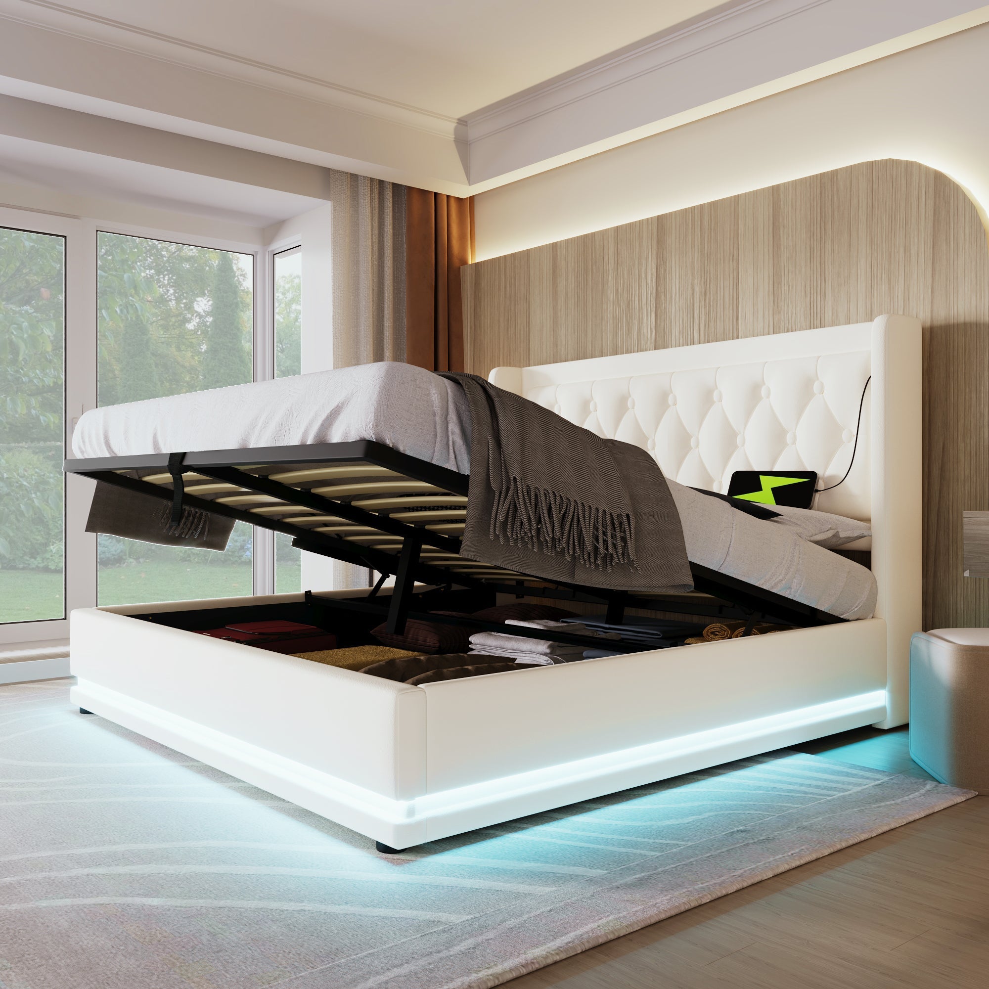Upholstered Double Bed 140x200cm, Hydraulic Storage, USB-C Charging, 3-Sided LED, White PU