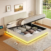 Modern Upholstered Bed with LED Lighting, USB-C and Storage, 180x200 Beige Corduroy
