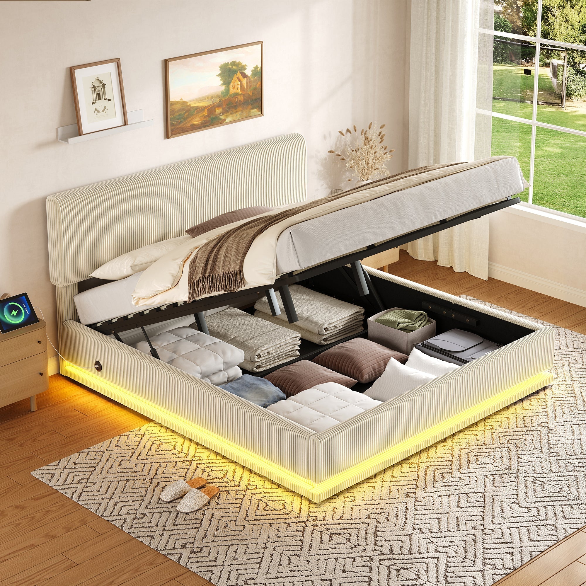 Modern Upholstered Bed with LED Lighting, USB-C and Storage, Corduroy Beige