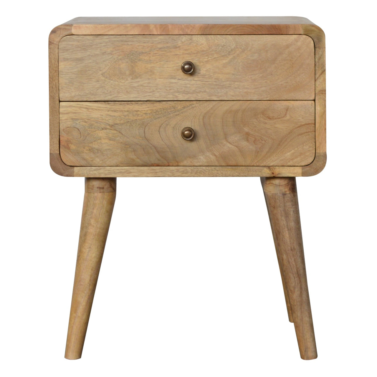 Solid Wood Bedside, Curved 2 Drawers, Oak-ish Brown