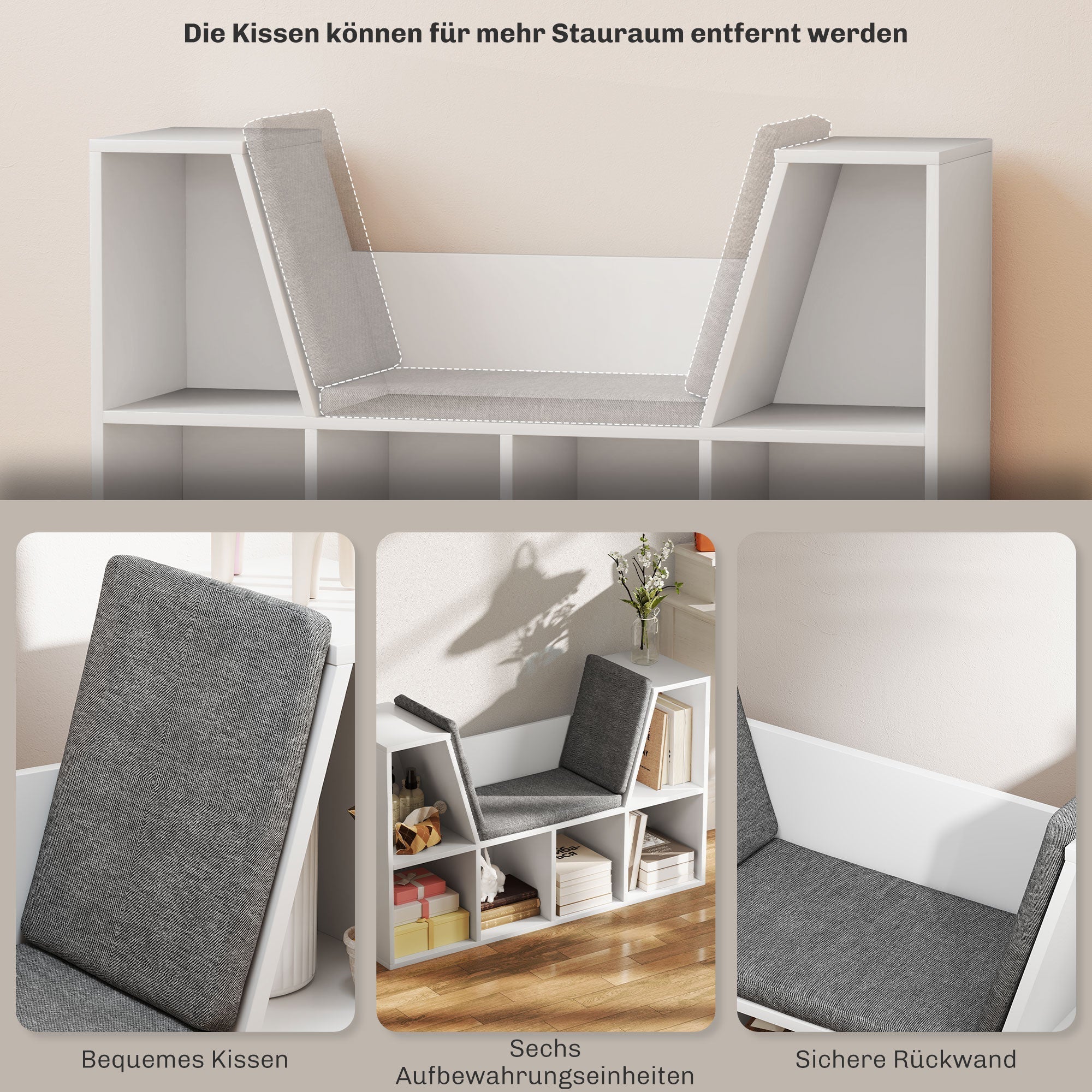 Bookshelf Storage with Seat Cushion 6 Compartment, Linen Look White