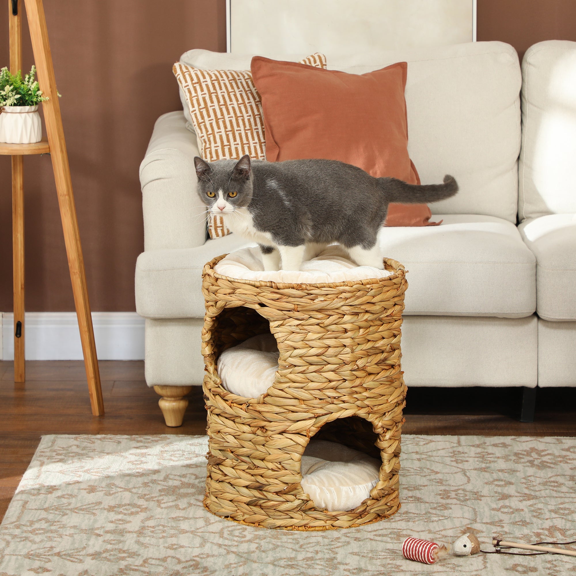 Cat Scratching Barrel, 50cm 2 Caves Cushion, Water Hyacinth Light Brown