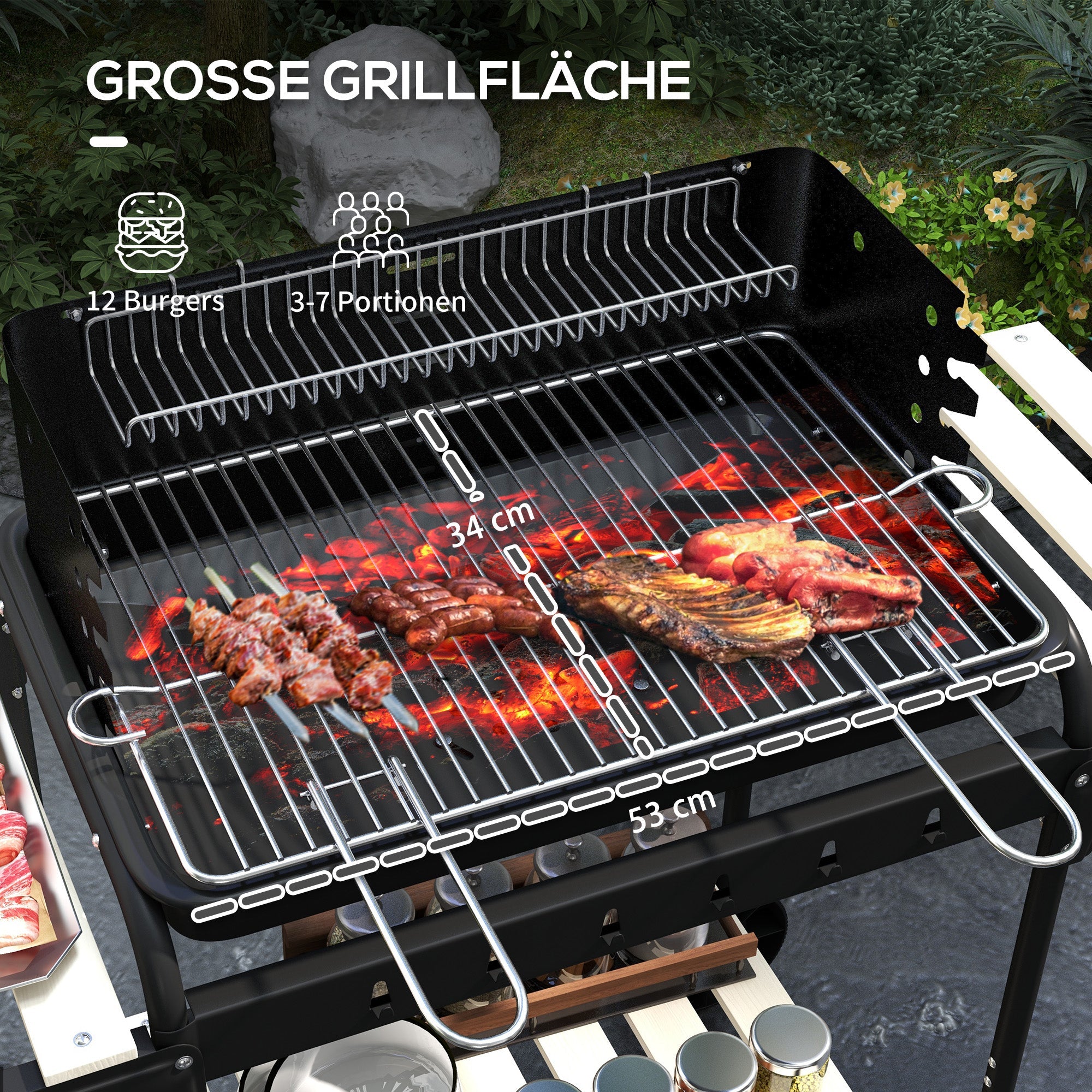 Charcoal Grill BBQ Smoker with Wheels, Adjustable Grate, Wood Shelf, Metal