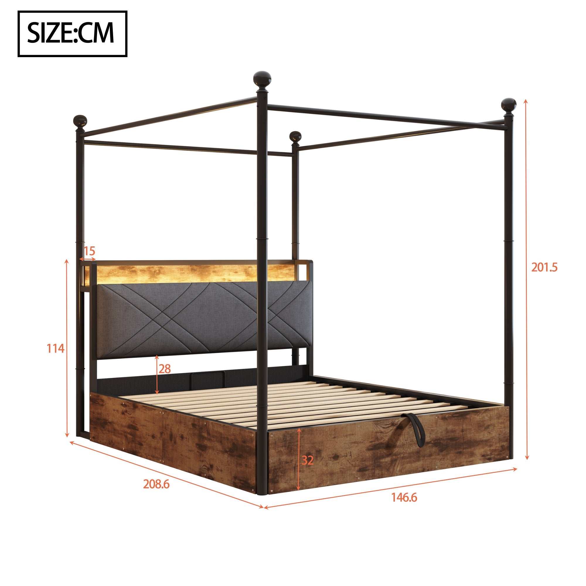 Wrought Iron Double Bed, Hydraulic Storage Canopy LED USB, Black